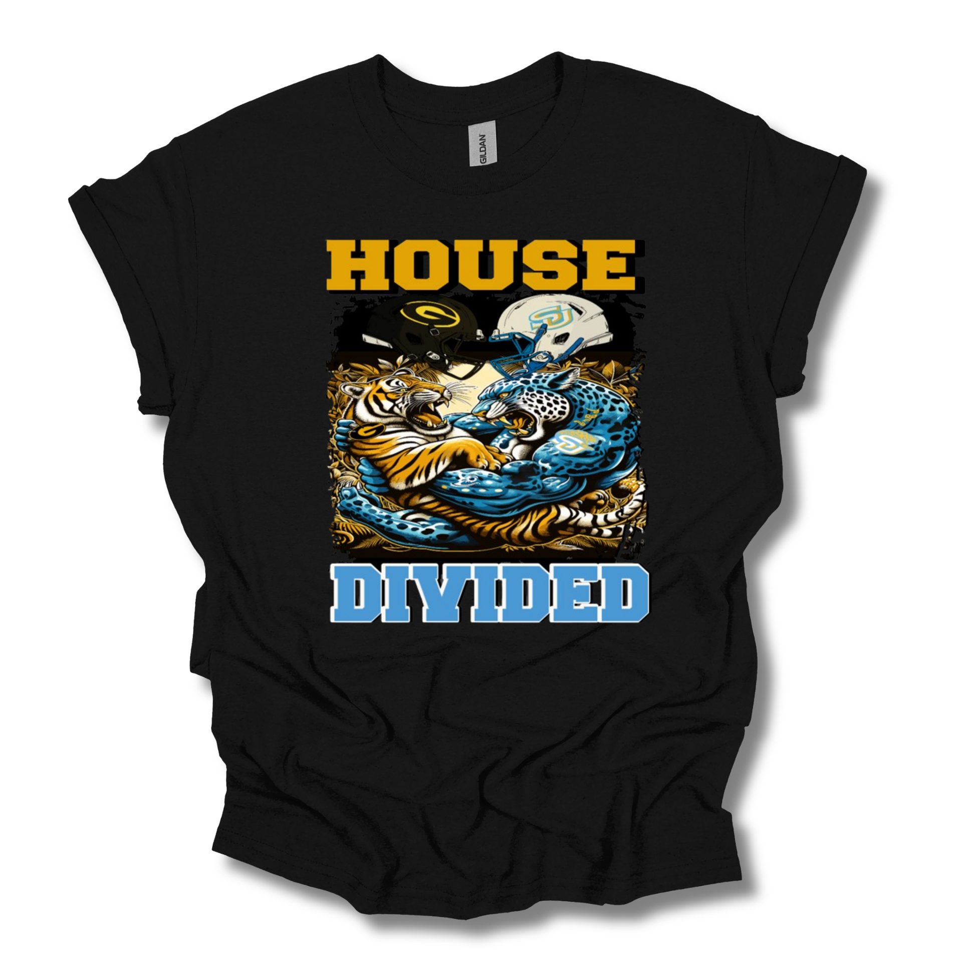 A black short-sleeve graphic t-shirt featuring a stylized illustration of a tiger and a snake with a football helmet, and the text 'HOUSE DIVIDED' in yellow and blue.