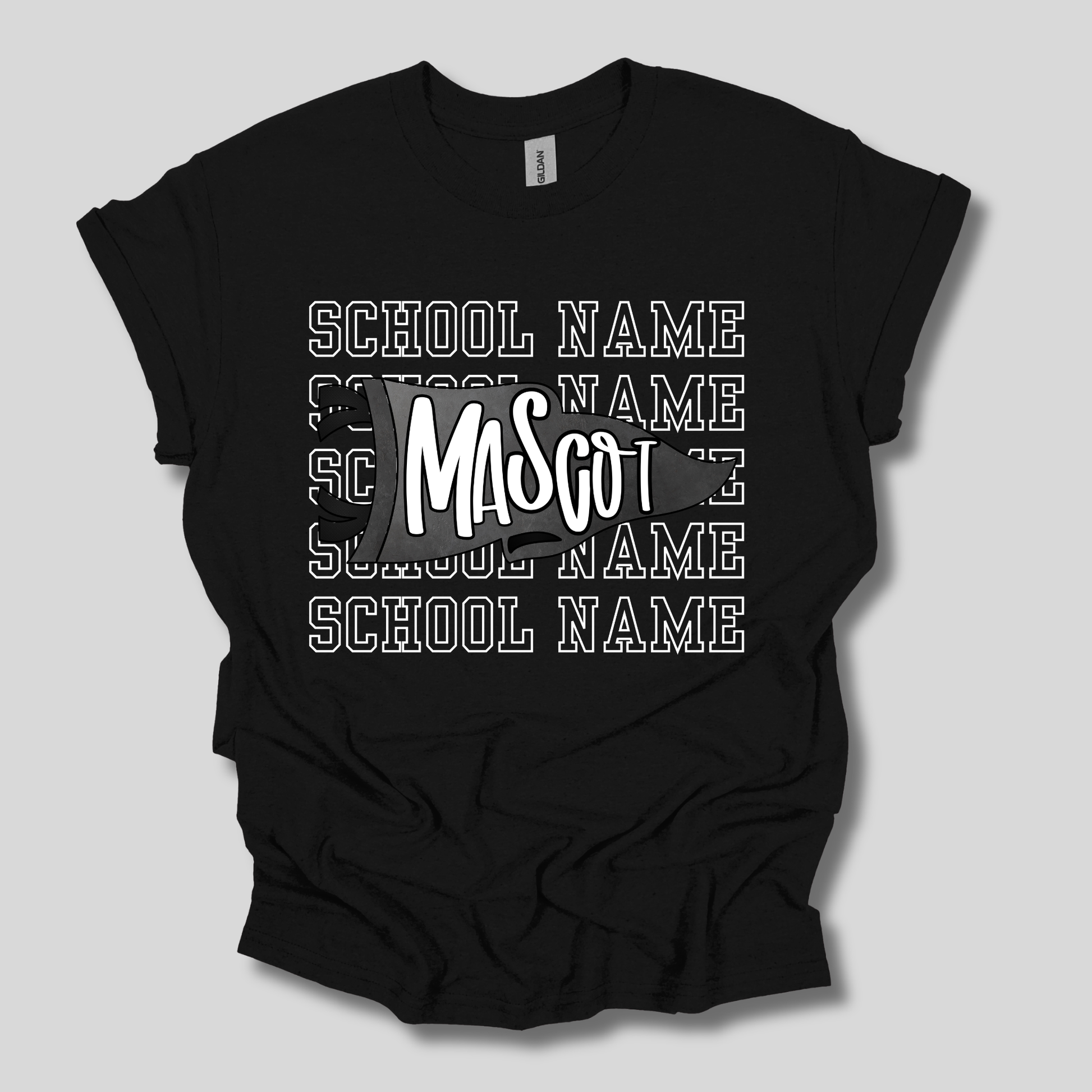 A black short-sleeve t-shirt with a custom graphic print featuring the text 'SCHOOL NAME' repeated in white outline font, with 'Mascot' in a bold white font in the center over a dark gray silhouette.