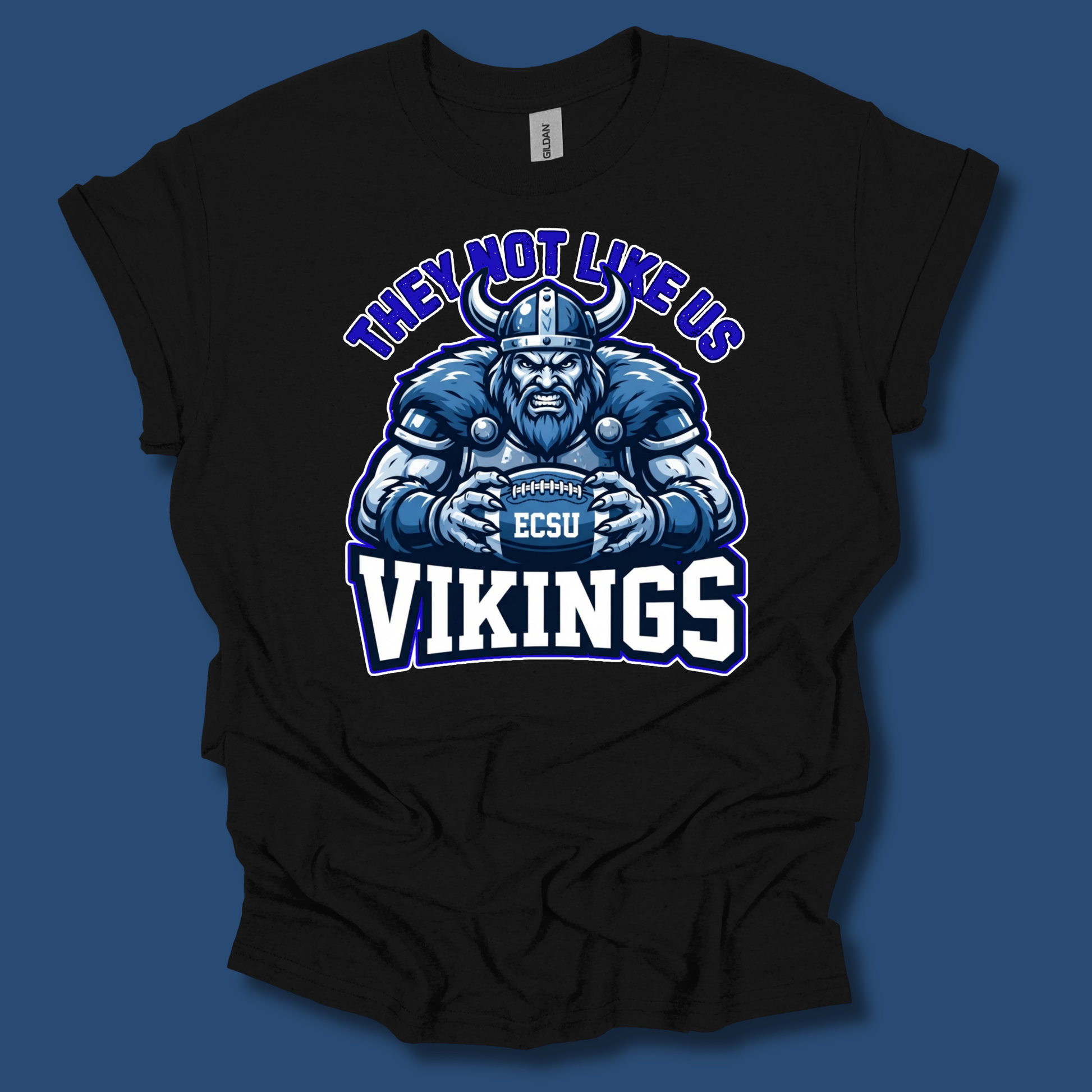 A black short-sleeve t-shirt with a graphic of a blue and white football Viking holding an ECSU football, with the text 'THEY NOT LIKE US' above and 'VIKINGS' below.