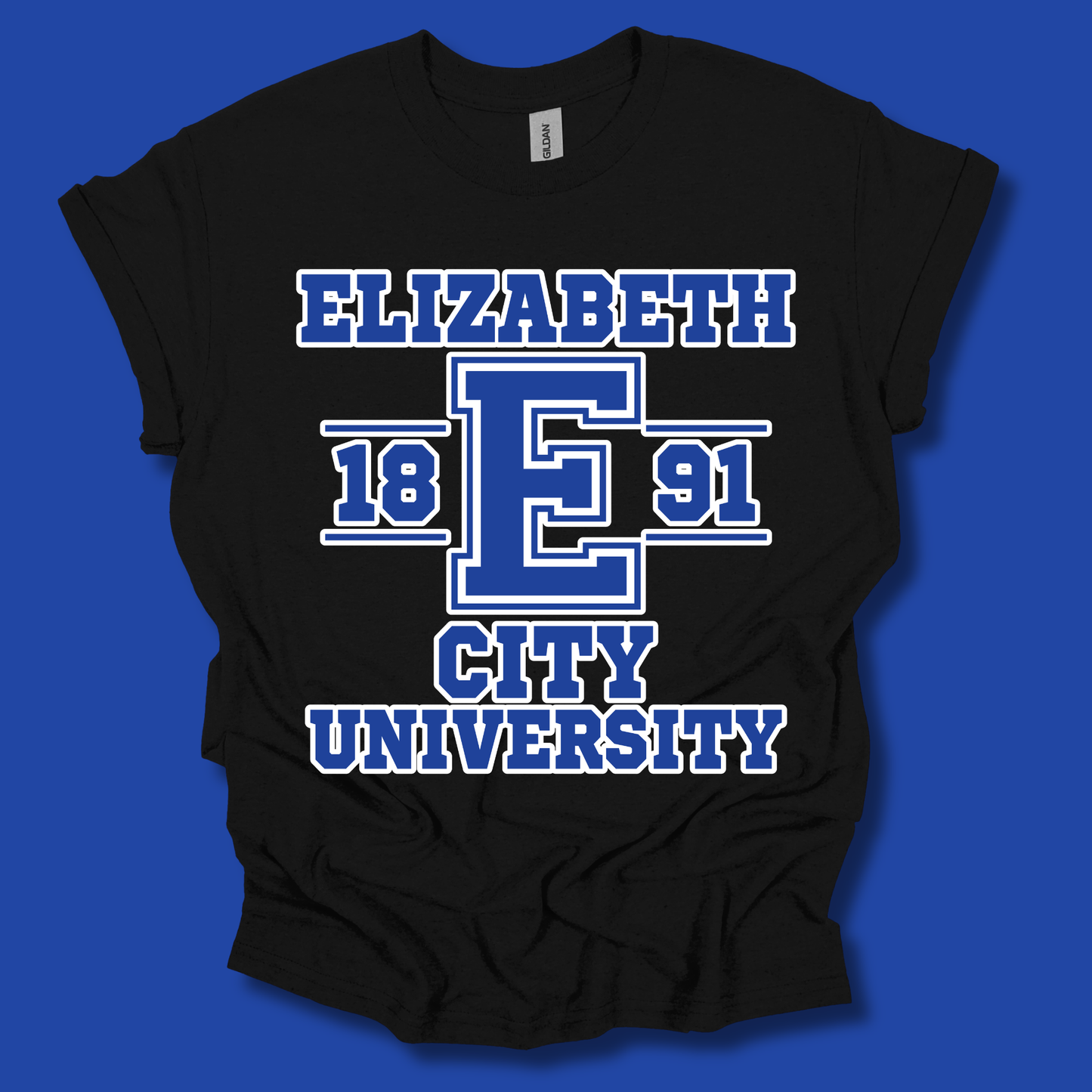 A black short-sleeve t-shirt with a blue and white graphic reading 'ELIZABETH 18 E 91 CITY UNIVERSITY' on a solid blue background.