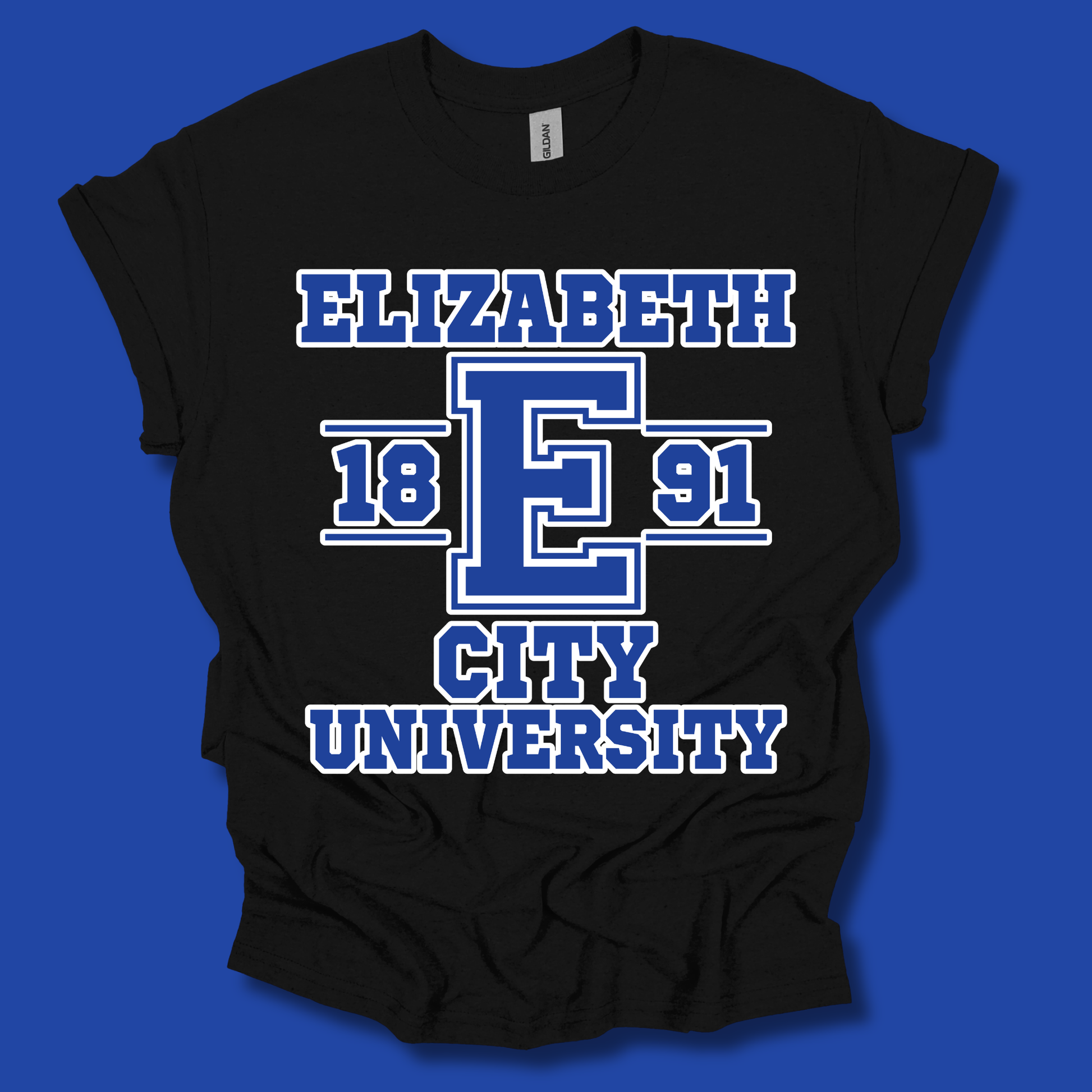 A black short-sleeve t-shirt with a blue and white graphic reading 'ELIZABETH 18 E 91 CITY UNIVERSITY' on a solid blue background.