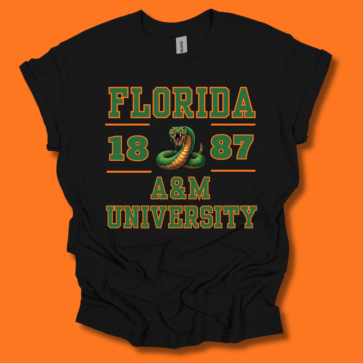 A black short-sleeve graphic T-shirt laid flat against a solid orange background. The shirt features a vintage-style green and yellow graphic reading 'FLORIDA 1887 A&M UNIVERSITY' with a coiled snake illustration.