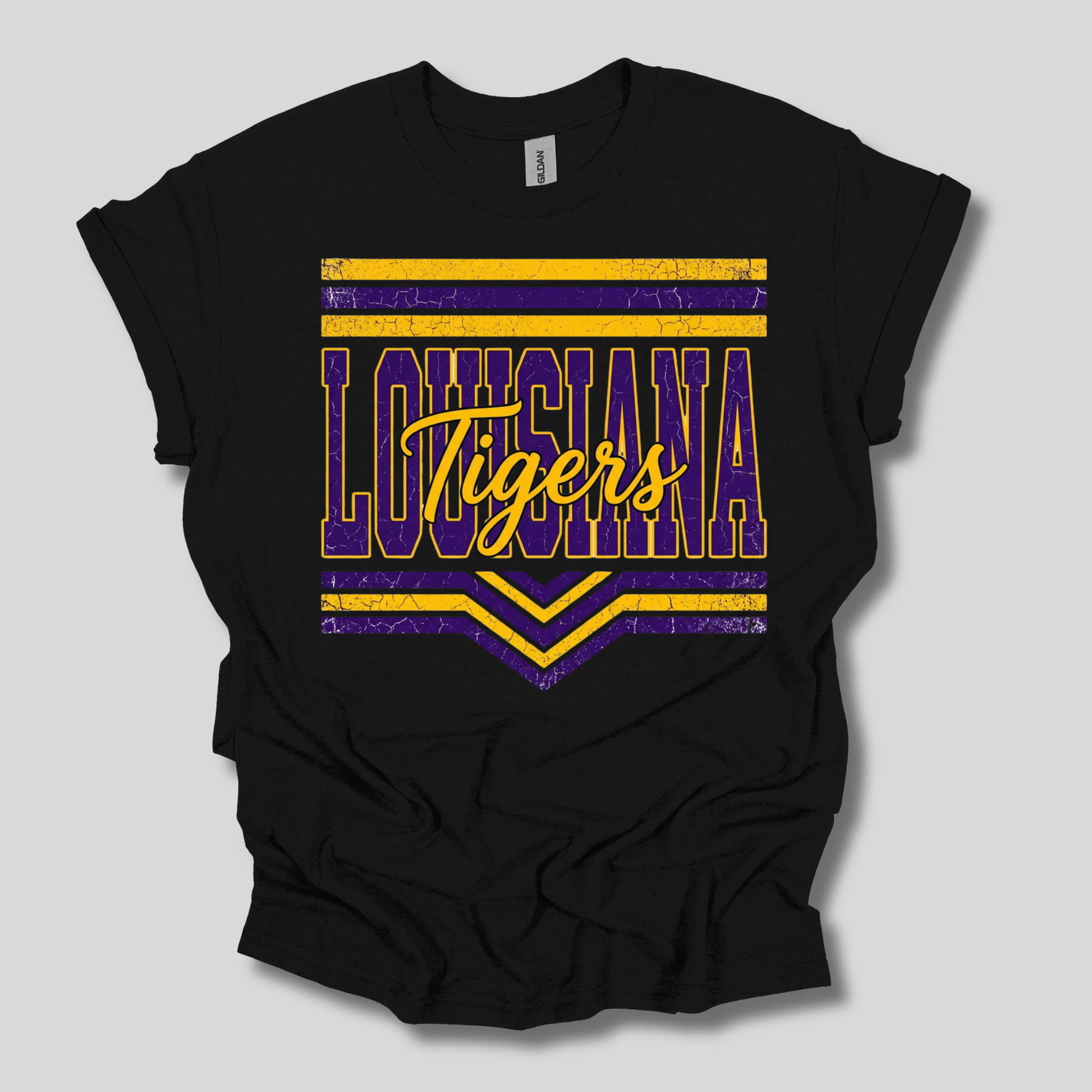 A black short-sleeve t-shirt with a distressed purple and yellow graphic reading 'LOUISIANA Tigers' on the front, shown against a light gray background.