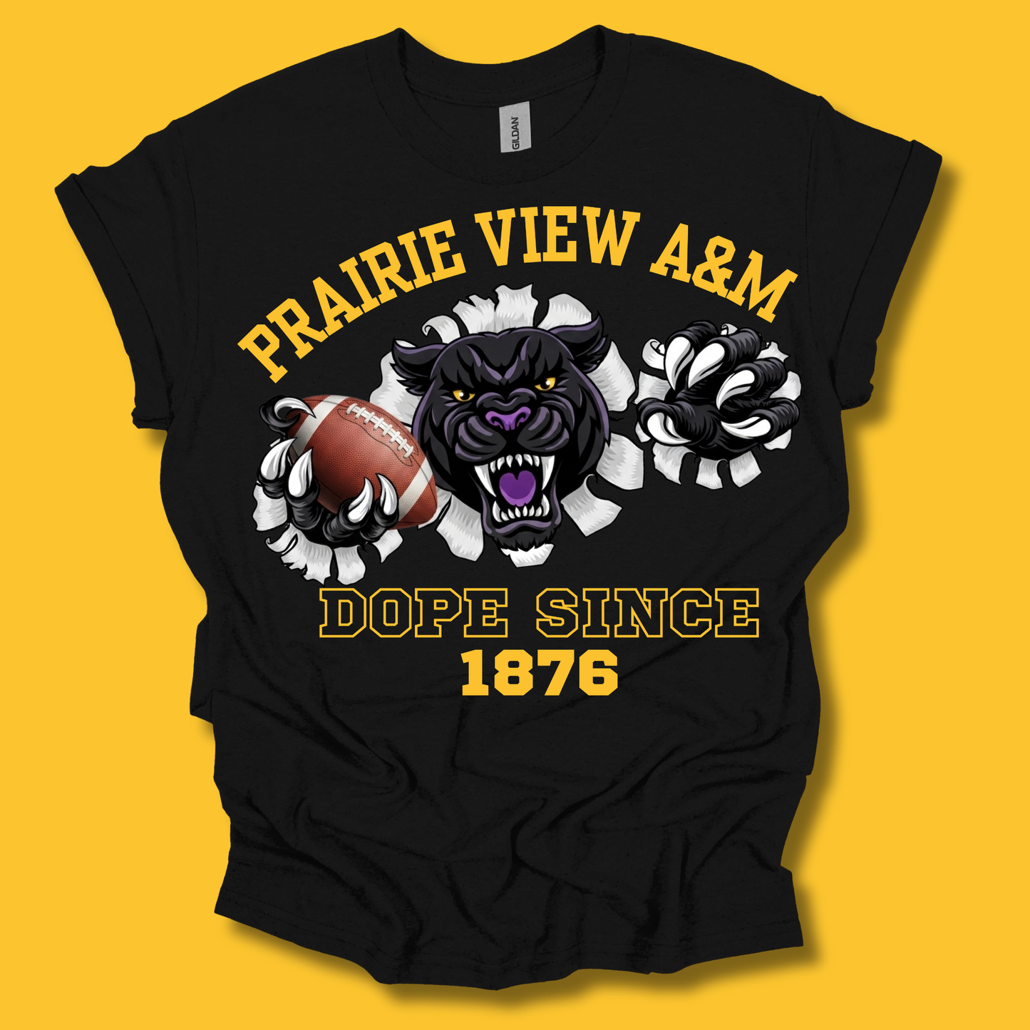 A black short-sleeve graphic t-shirt featuring a stylized black panther holding a football, with the text 'PRAIRIE VIEW A&M' and 'DOPE SINCE 1876' in yellow, shown against a solid yellow background.