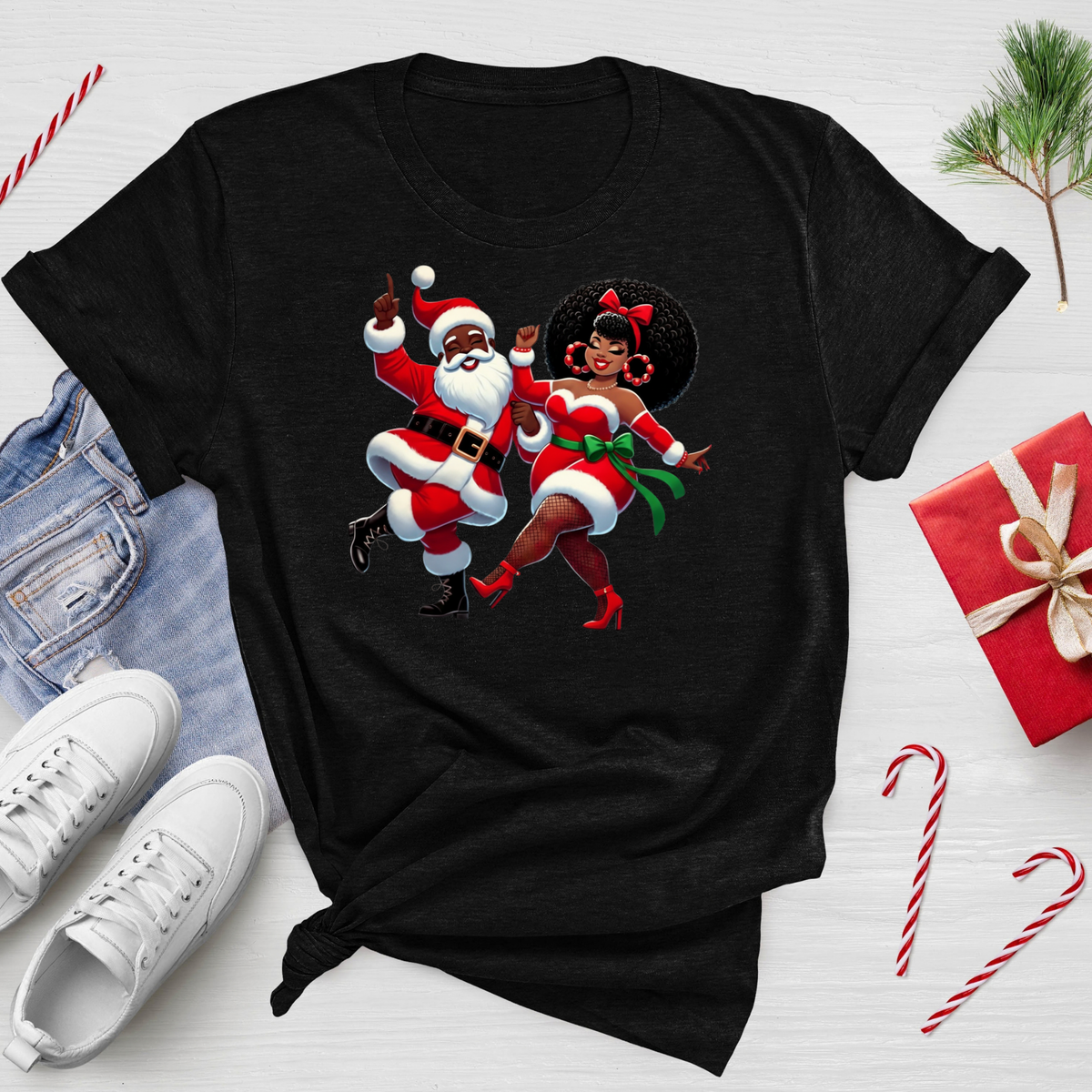 Black Santa & Mrs. Claus Dance Party Sweater | Urban Christmas Couple Sweatshirt Version 2