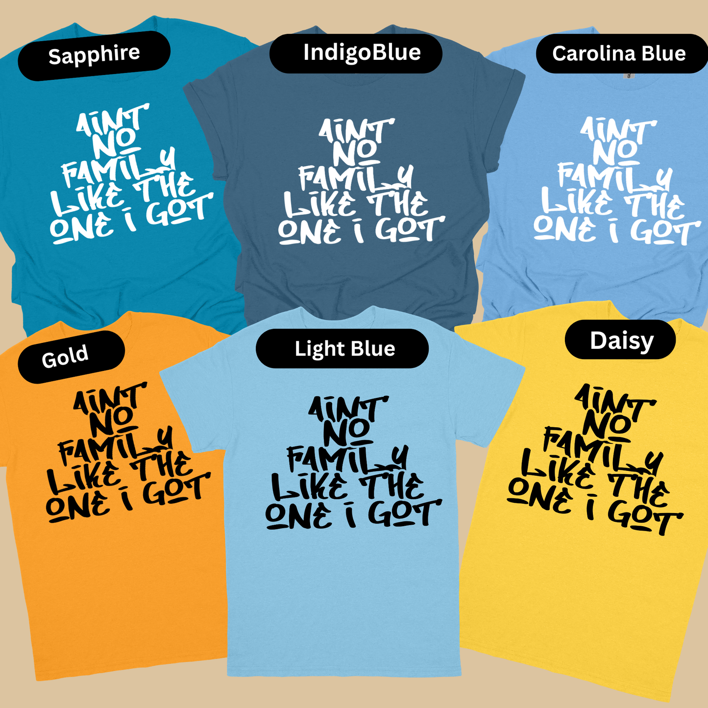 Collection of t-shirts in various colors with a common text design on a beige background.