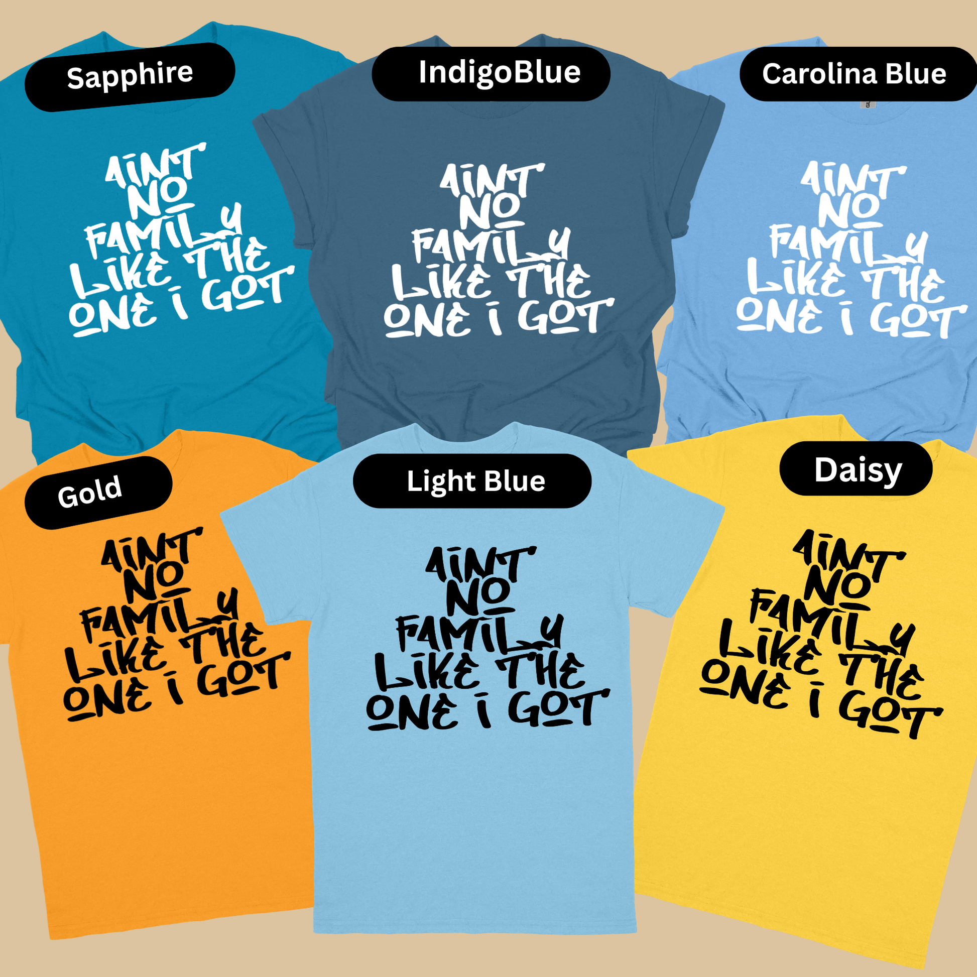 Collection of t-shirts in various colors with a common text design on a beige background.