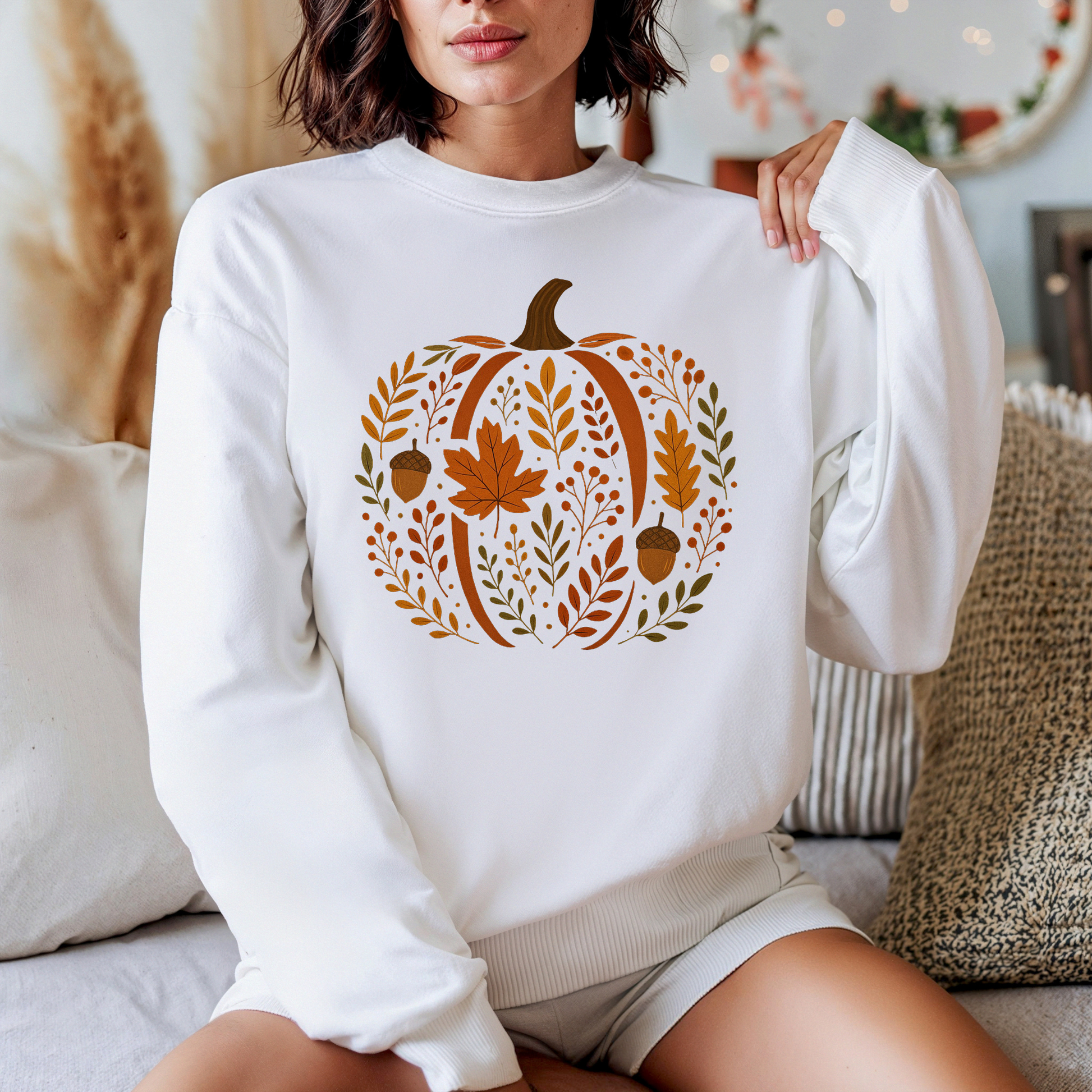 A woman wearing a white crewneck sweatshirt with a large autumn pumpkin graphic made of leaves, acorns, and maple leaves in orange, brown, and muted green. She is sitting on a couch in a cozy, warm-toned living room setting.