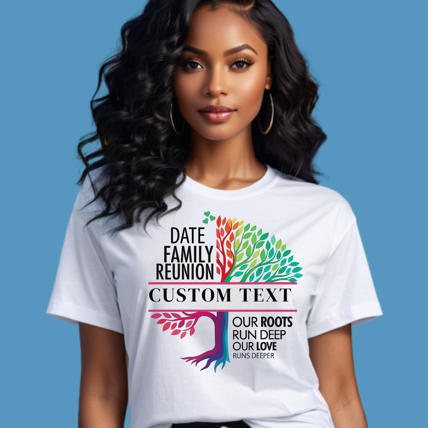 Woman wearing a white t-shirt with a colorful graphic and text on a blue background