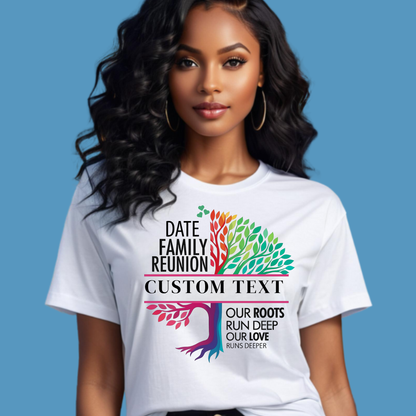 Woman wearing a white t-shirt with a colorful graphic and text on a blue background