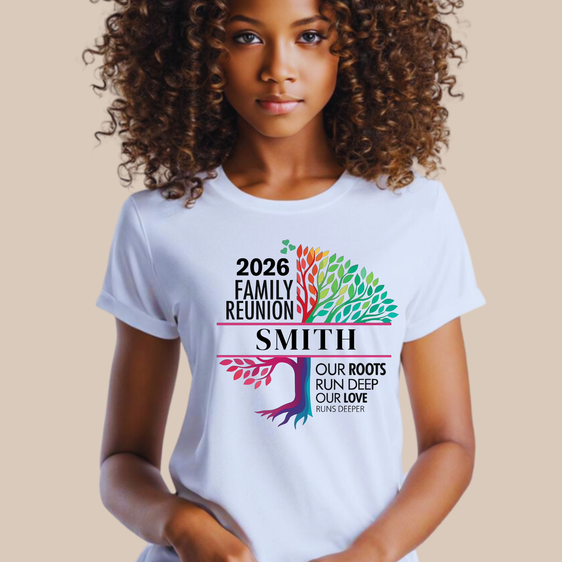 Person wearing a white t-shirt with '2026 Family Reunion Smith' design on a beige background