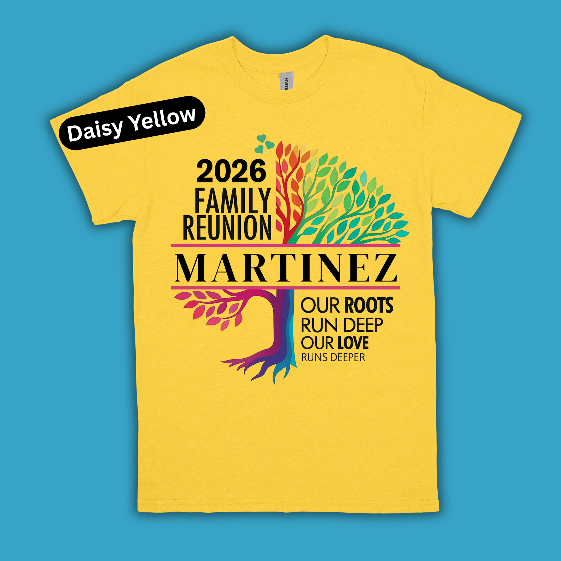 Yellow t-shirt with family reunion design on a blue background