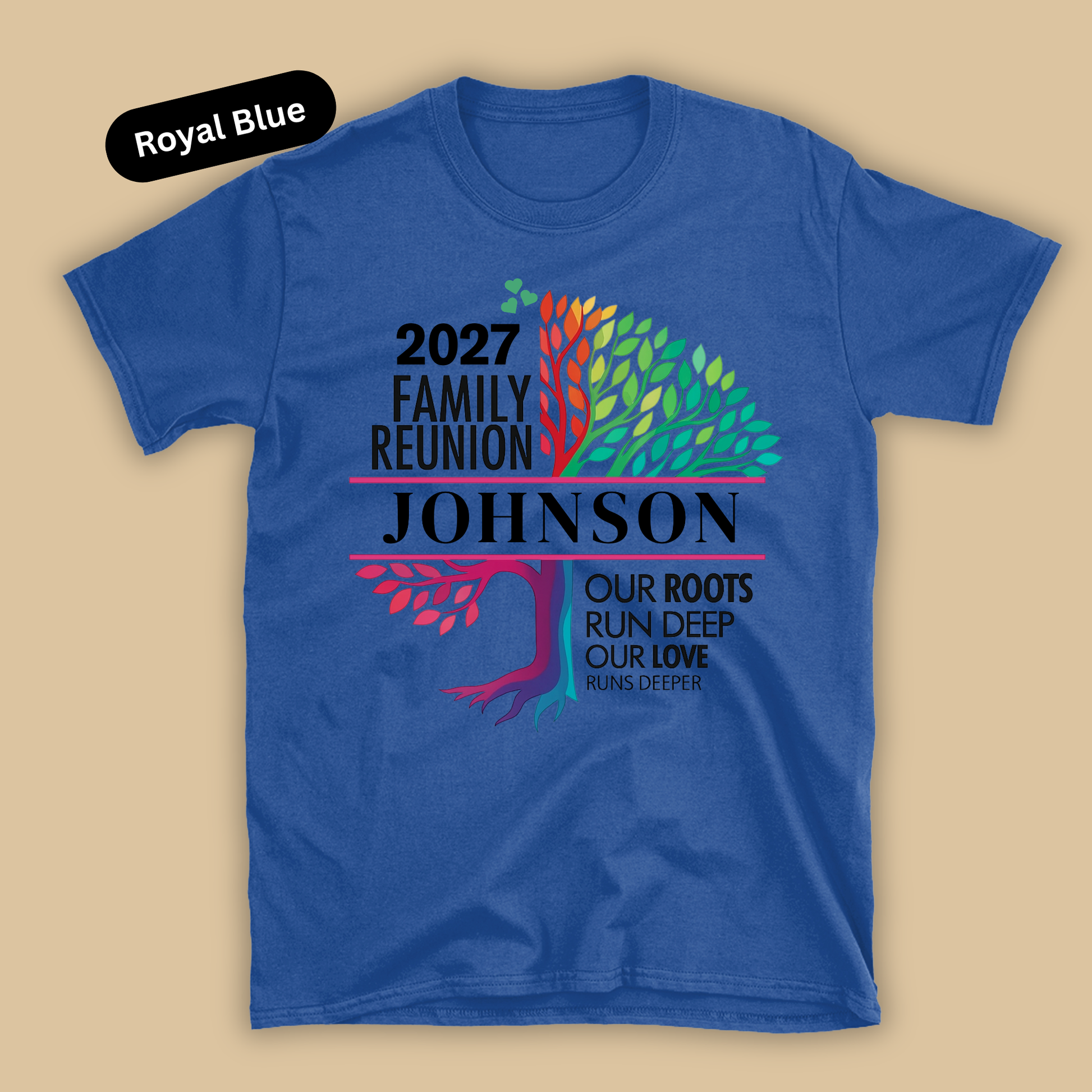 Blue t-shirt with colorful family reunion design on a beige background