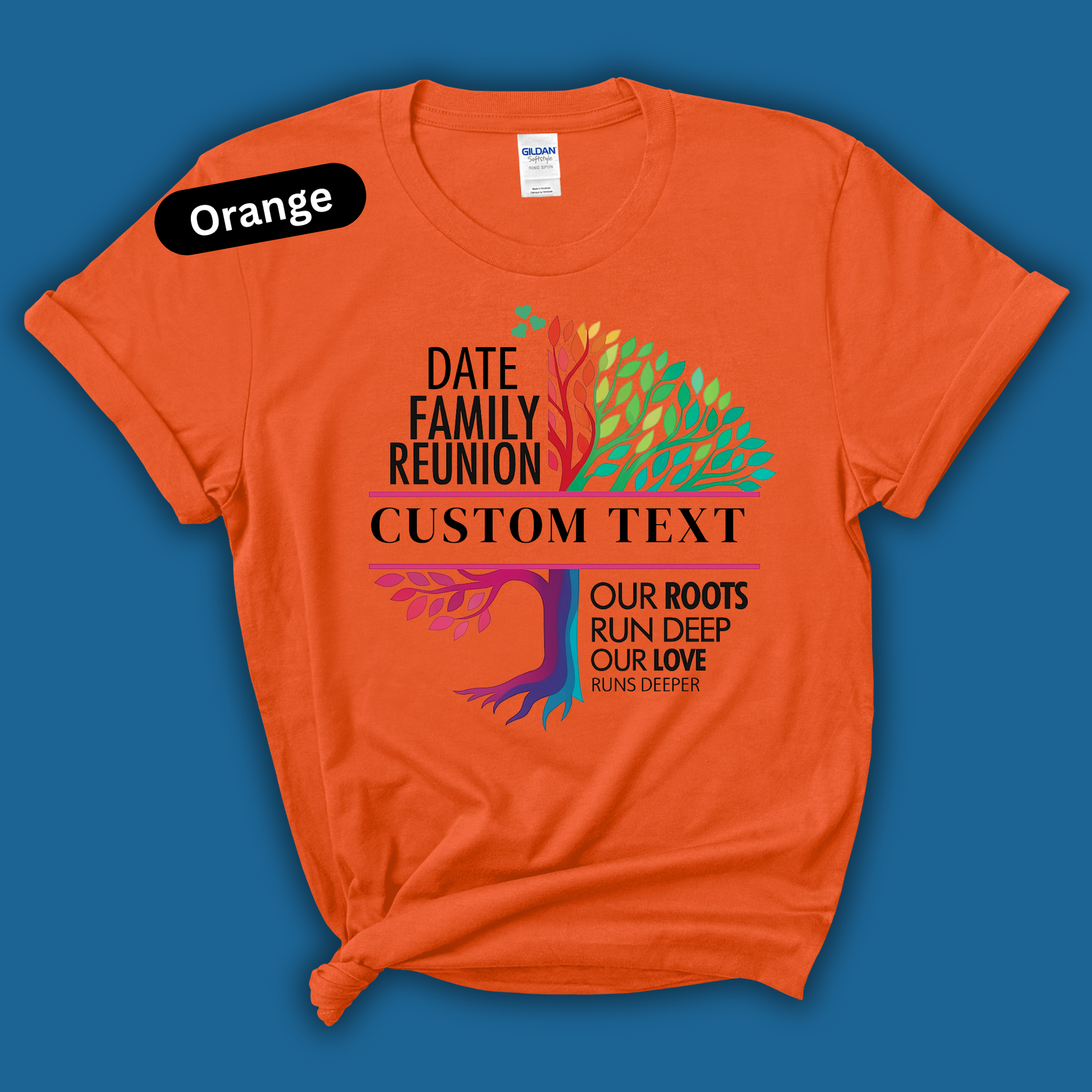 Orange t-shirt with family reunion design on a blue background
