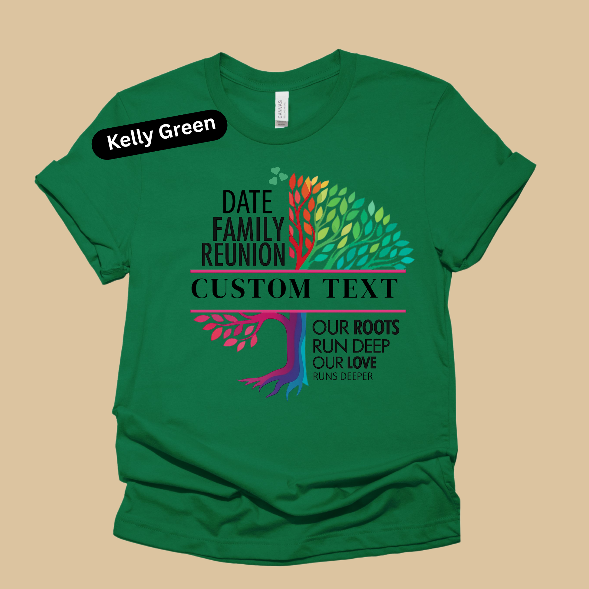 Green t-shirt with family reunion design and customizable text on a beige background