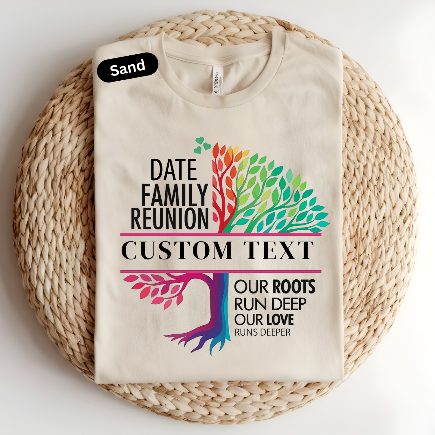 Beige t-shirt with colorful graphic and text on a woven surface