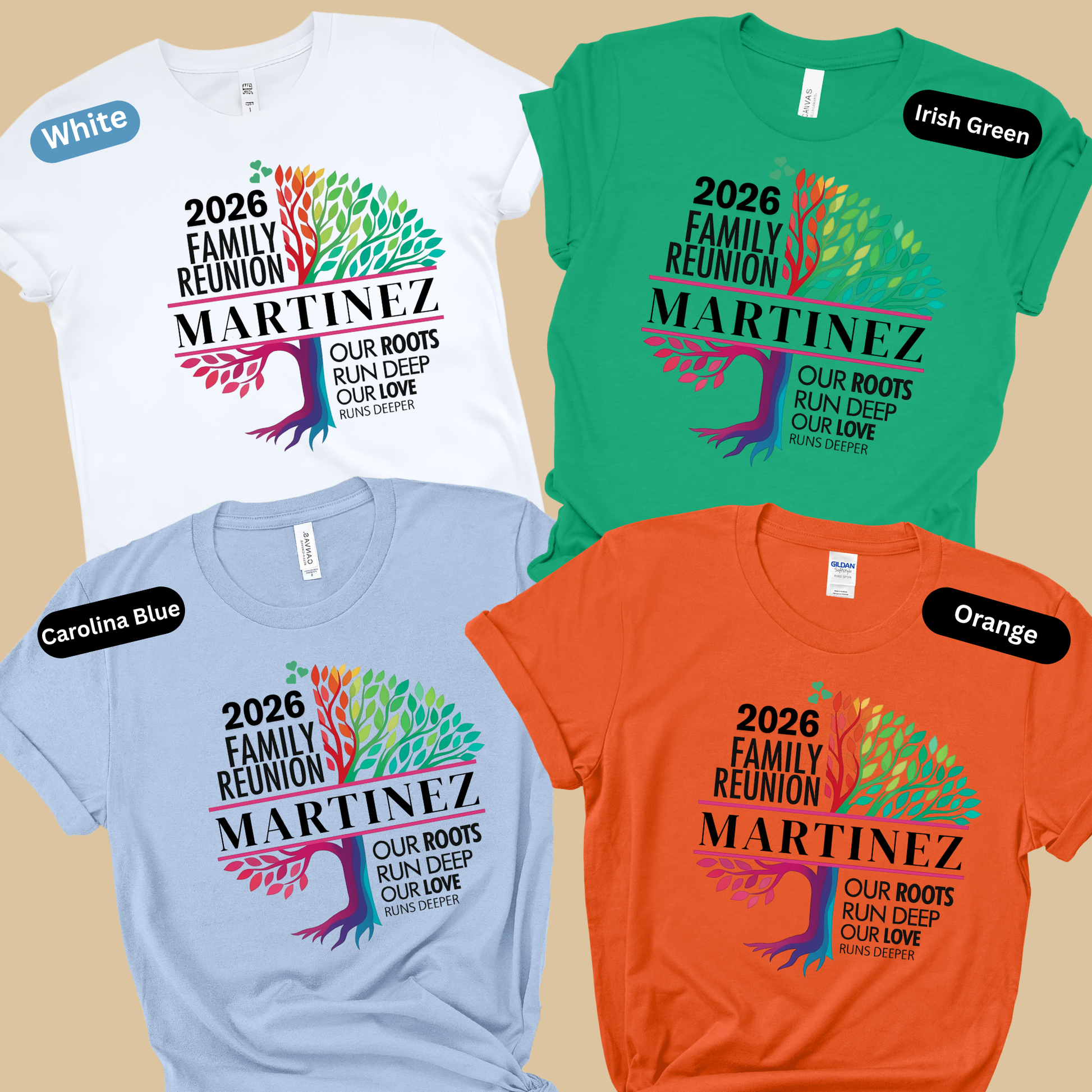 Four family reunion t-shirts in white, green, blue, and orange with 'Martinez' and '2026 Family Reunion' text.