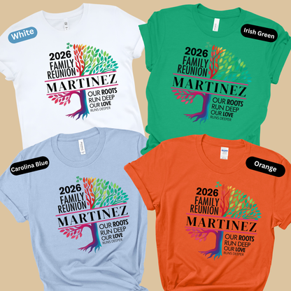 Four family reunion t-shirts in white, green, blue, and orange with 'Martinez' and '2026 Family Reunion' text.