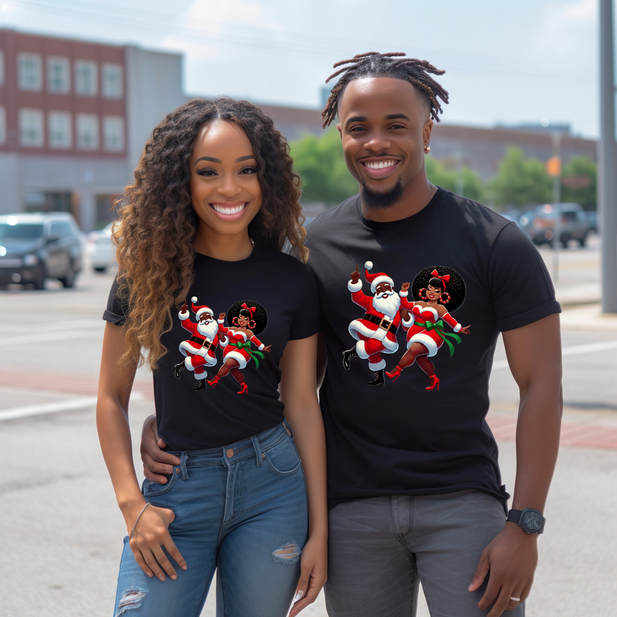 Black Santa & Mrs. Claus Dance Party Sweater | Urban Christmas Couple Sweatshirt Version 2