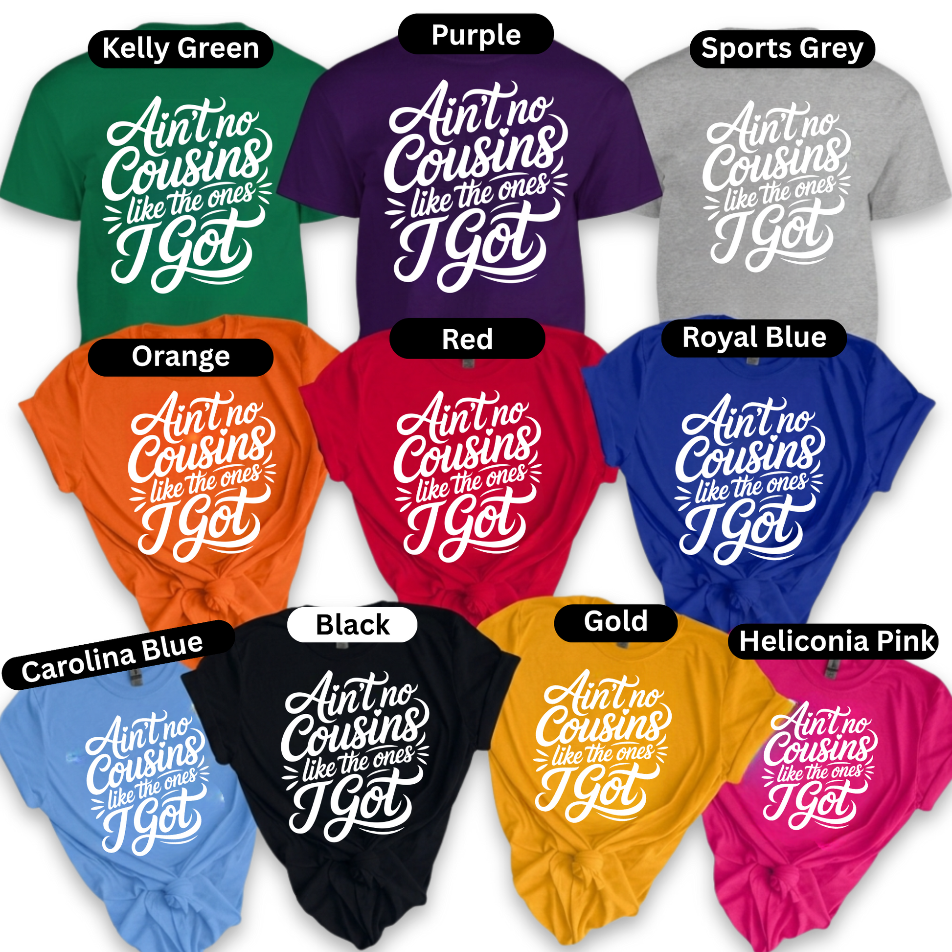 Collection of t-shirts in various colors with a common design and text.