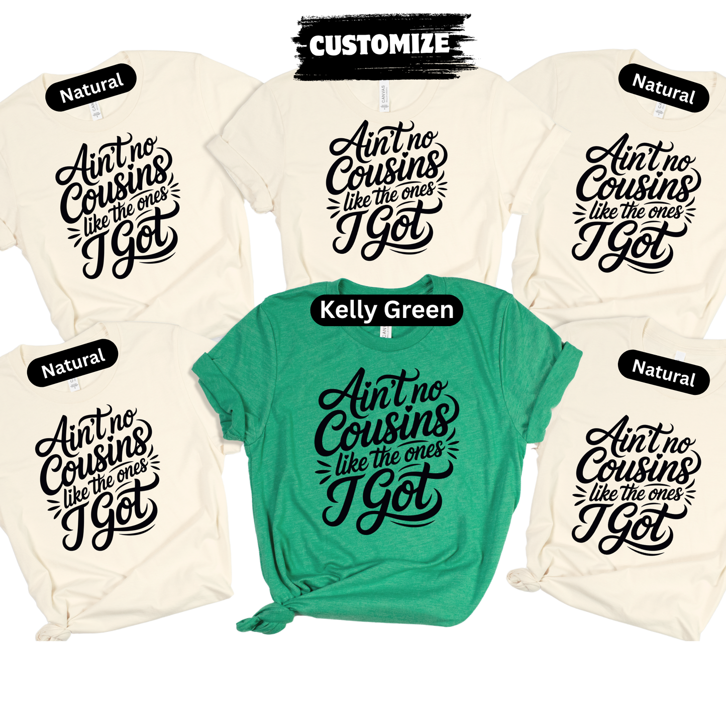 Three t-shirts with a common design and color options on a white background