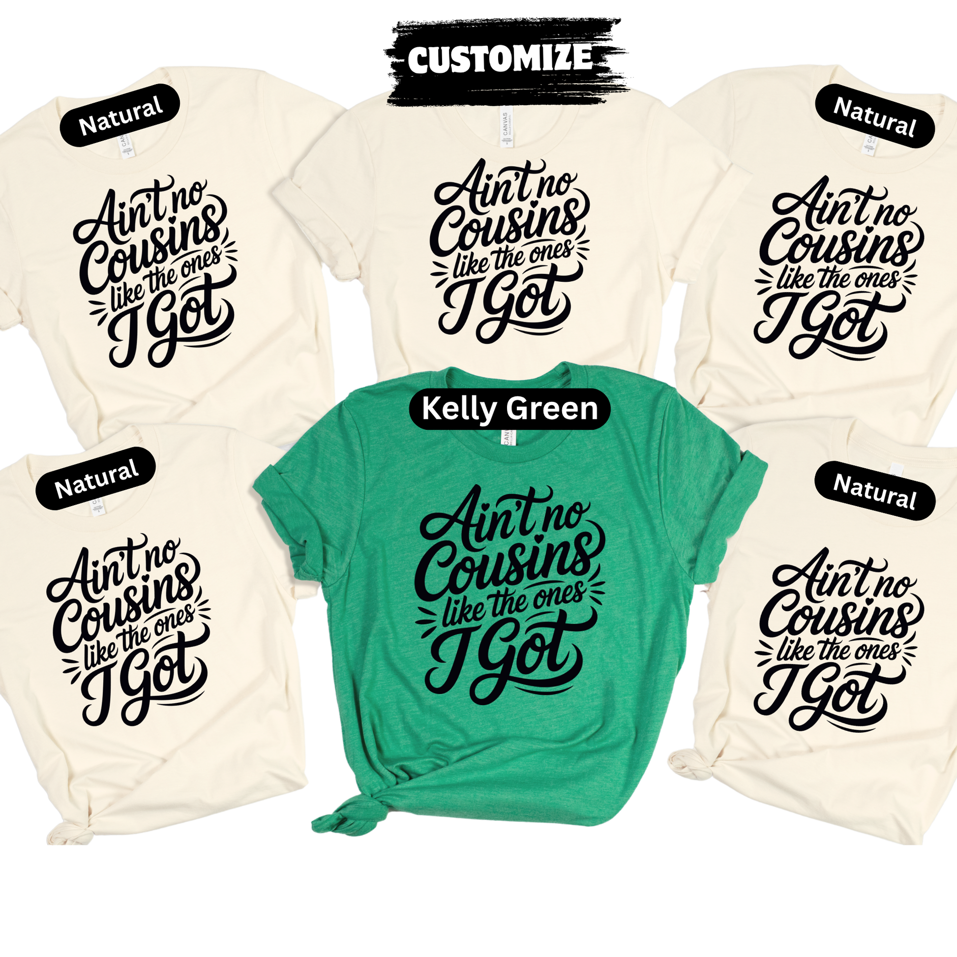 Three t-shirts with a common design and color options on a white background