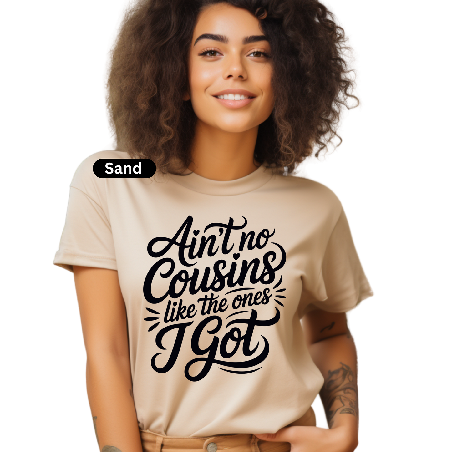 Woman wearing a beige t-shirt with text design on a white background