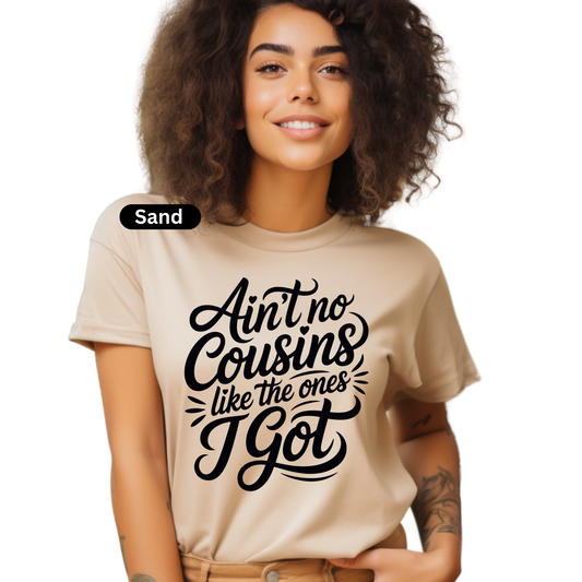 Woman wearing a beige t-shirt with text design on a white background