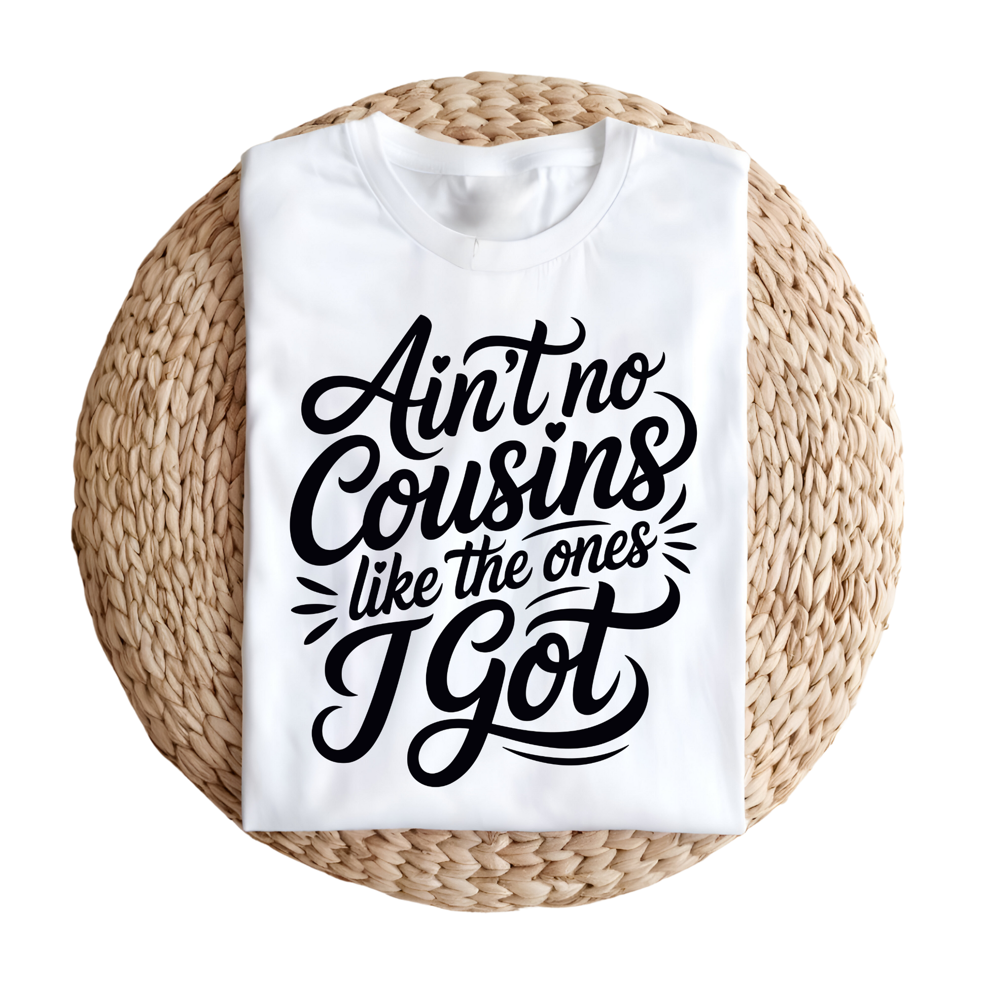 White t-shirt with black text on a woven surface
