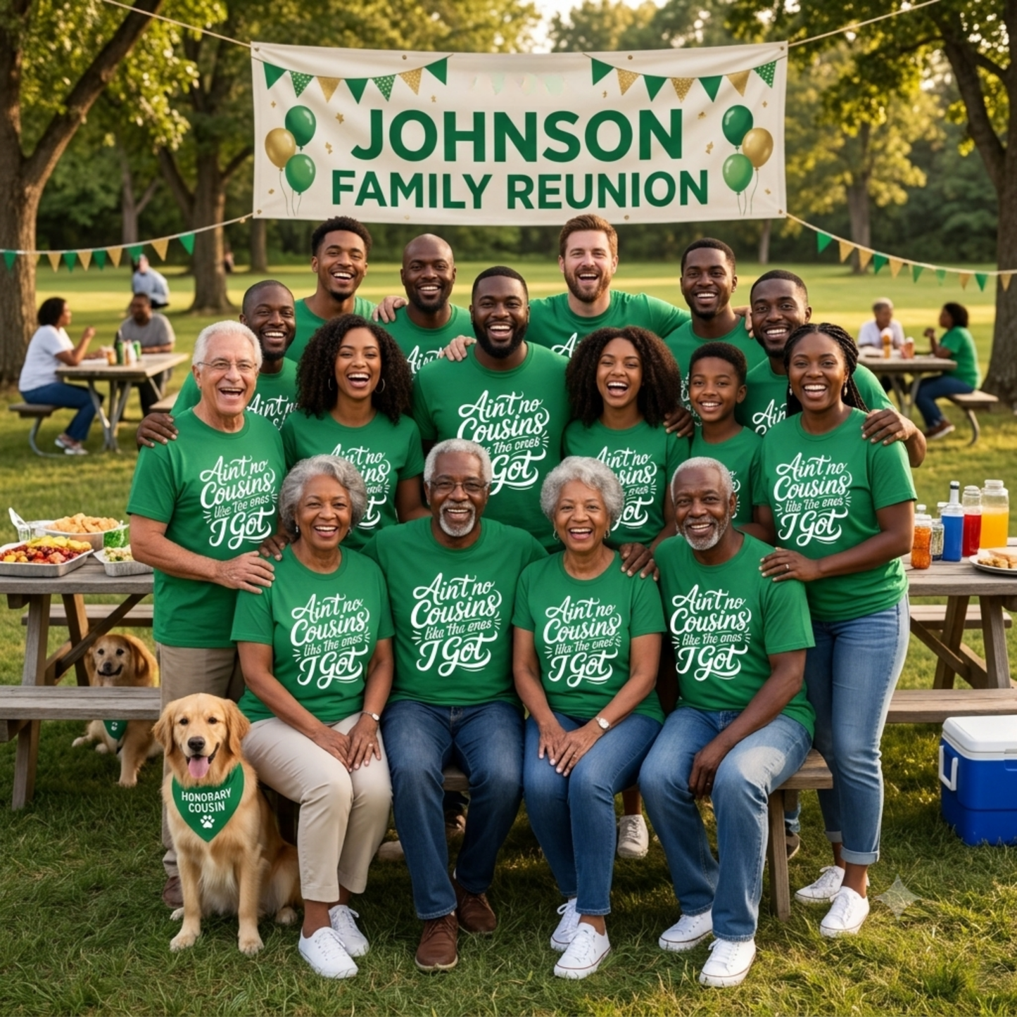 Johnson Family Reunion with people in matching green shirts at a picnic