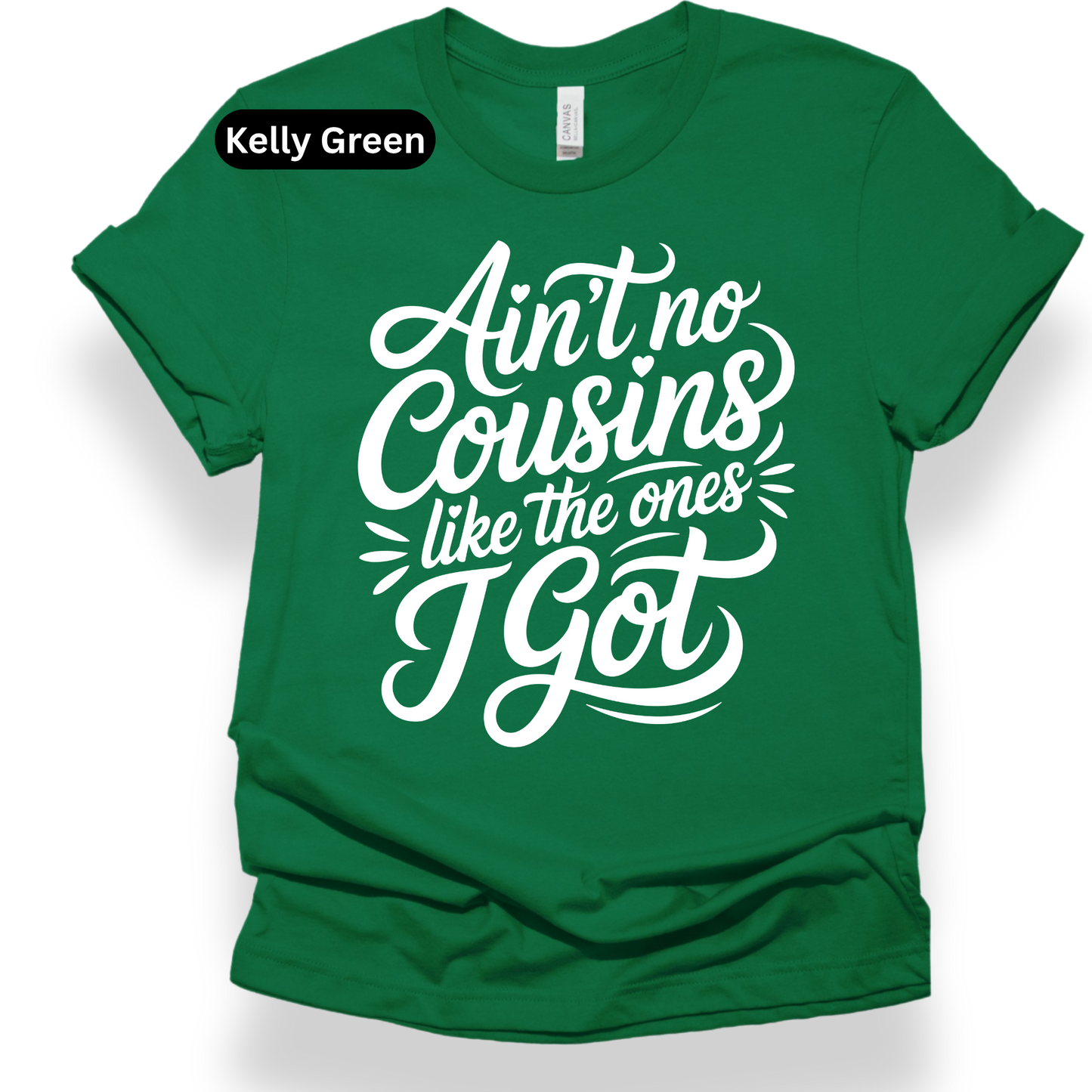 Green t-shirt with white text on a white background