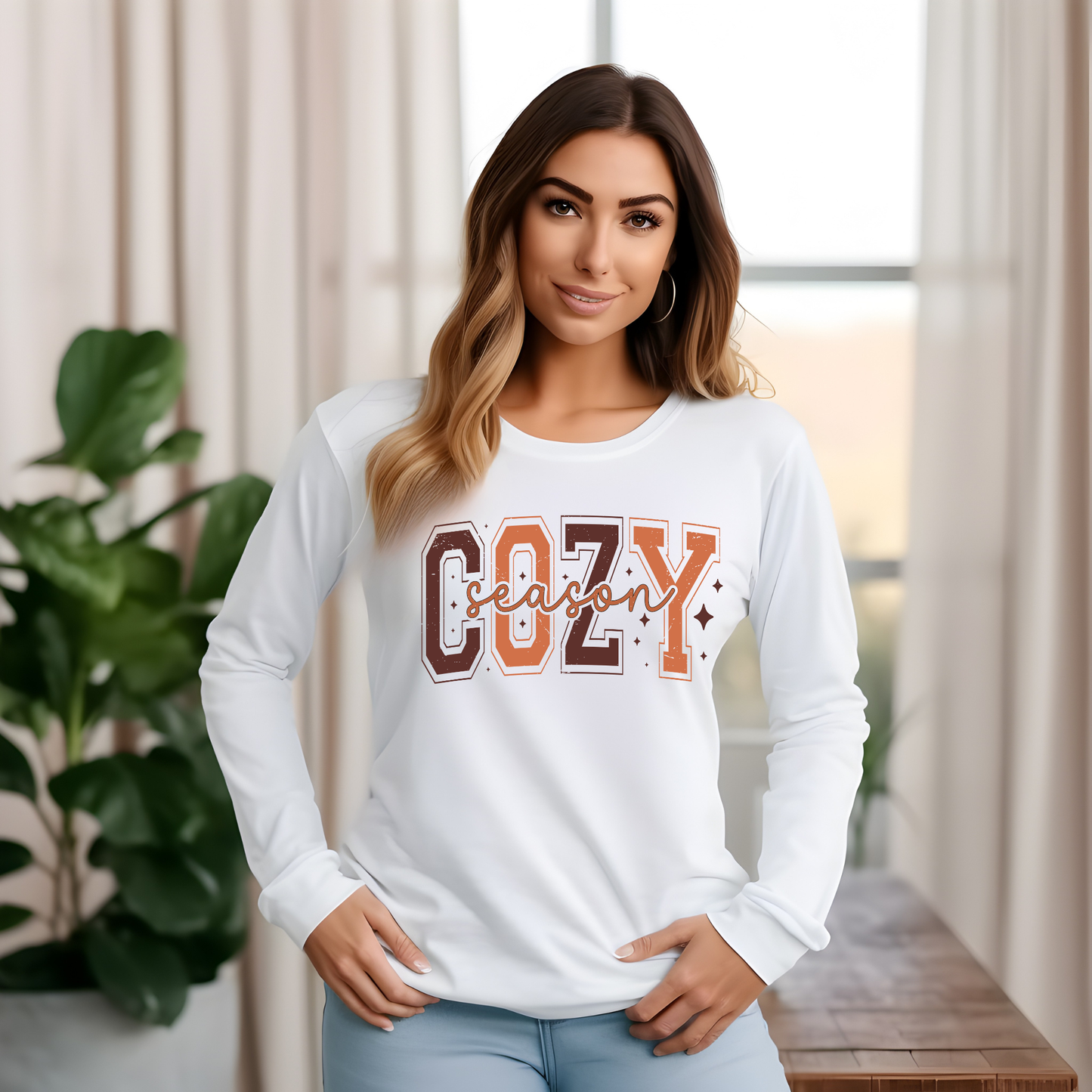 Cozy Season Shirt: Fall Vibe Retro Block Letter Crewneck T-shirt - Sweater
