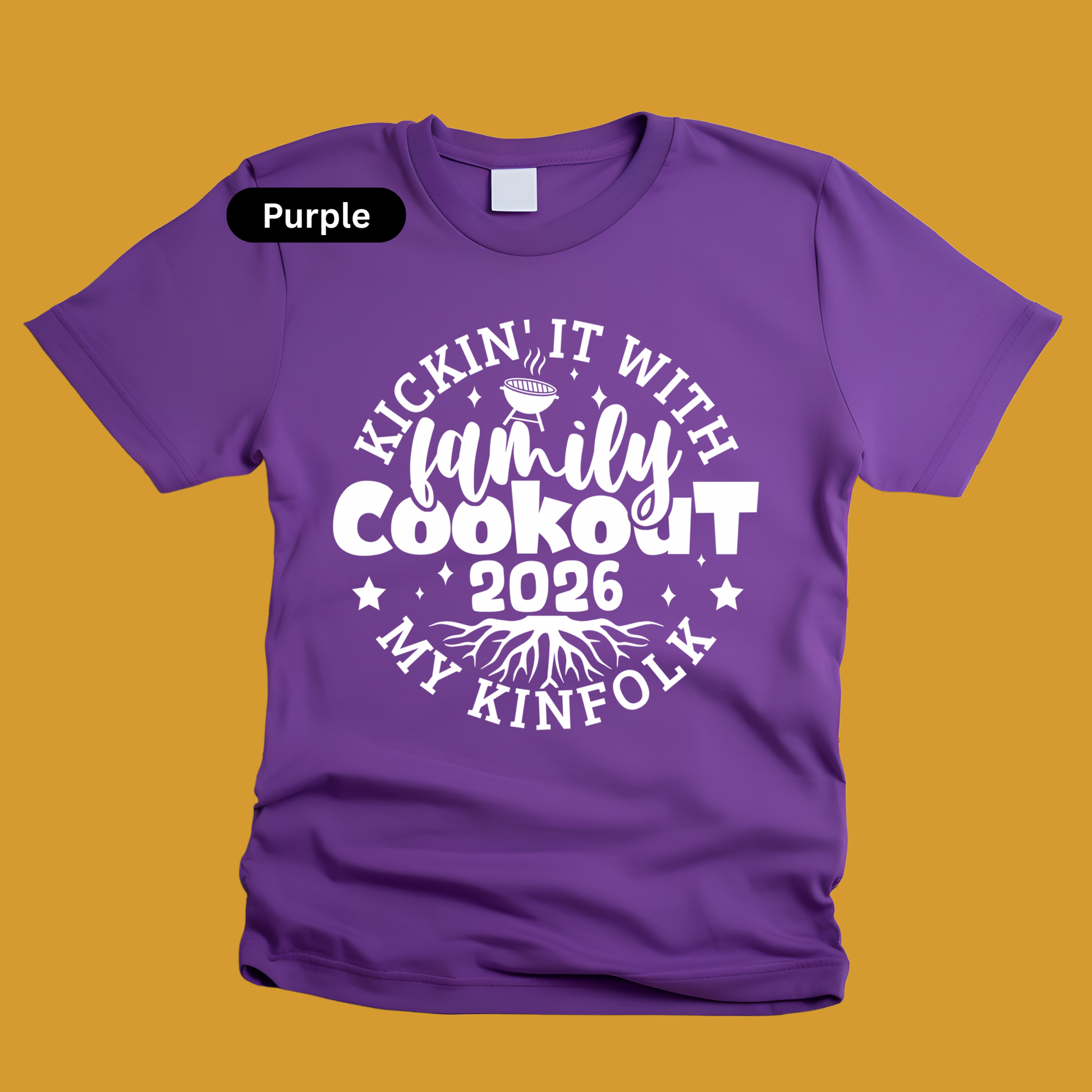 Purple t-shirt with white text on a yellow background