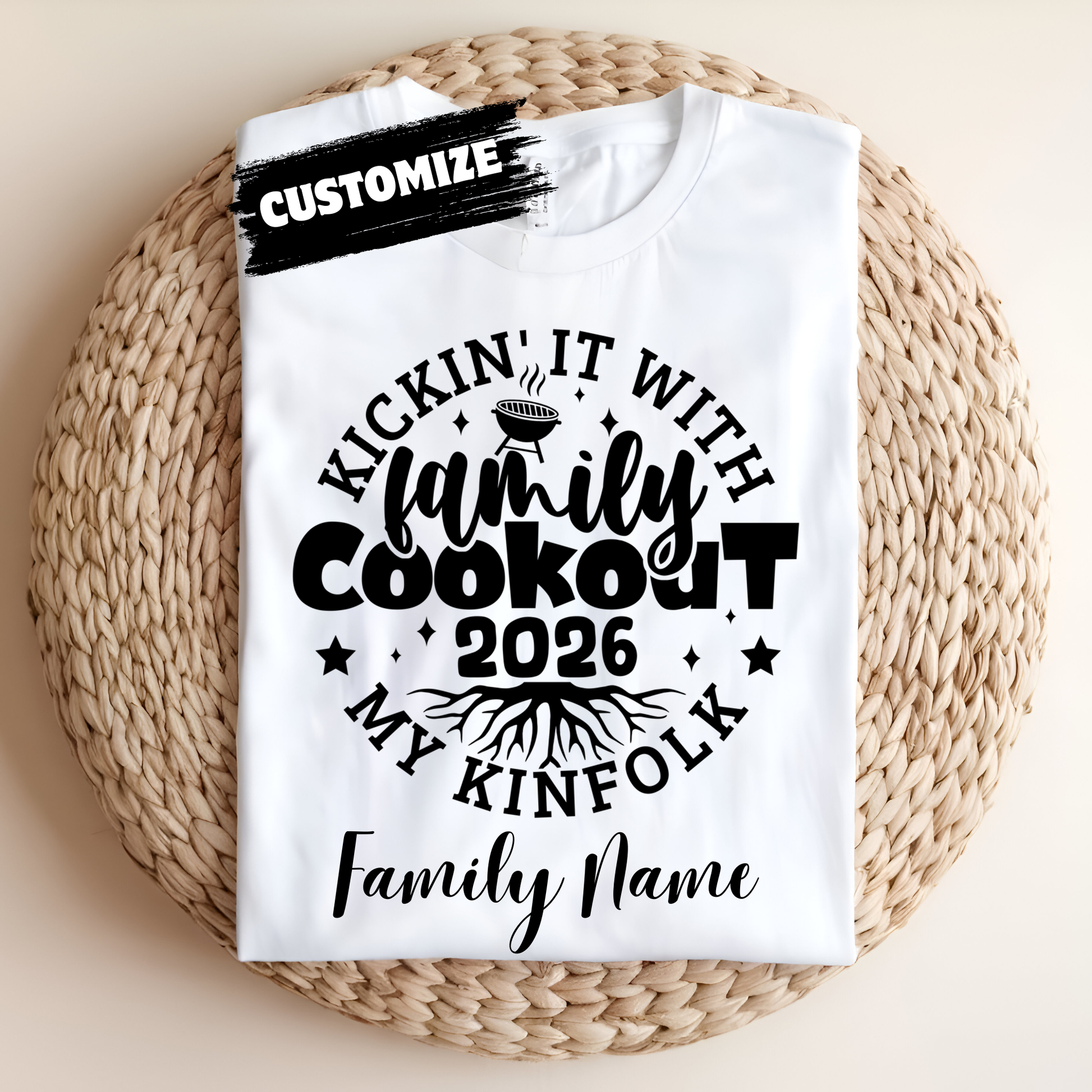 White t-shirt with black text on a woven mat