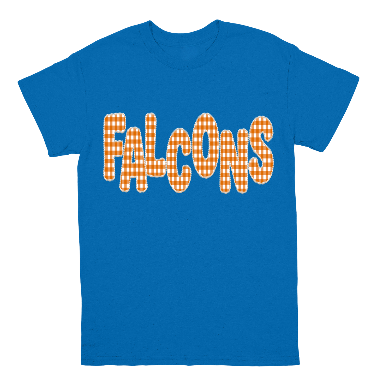 A royal blue short-sleeve crewneck t-shirt featuring the word 'FALCONS' printed across the chest in a bold orange and white gingham checkered pattern, shown against a plain white background.
