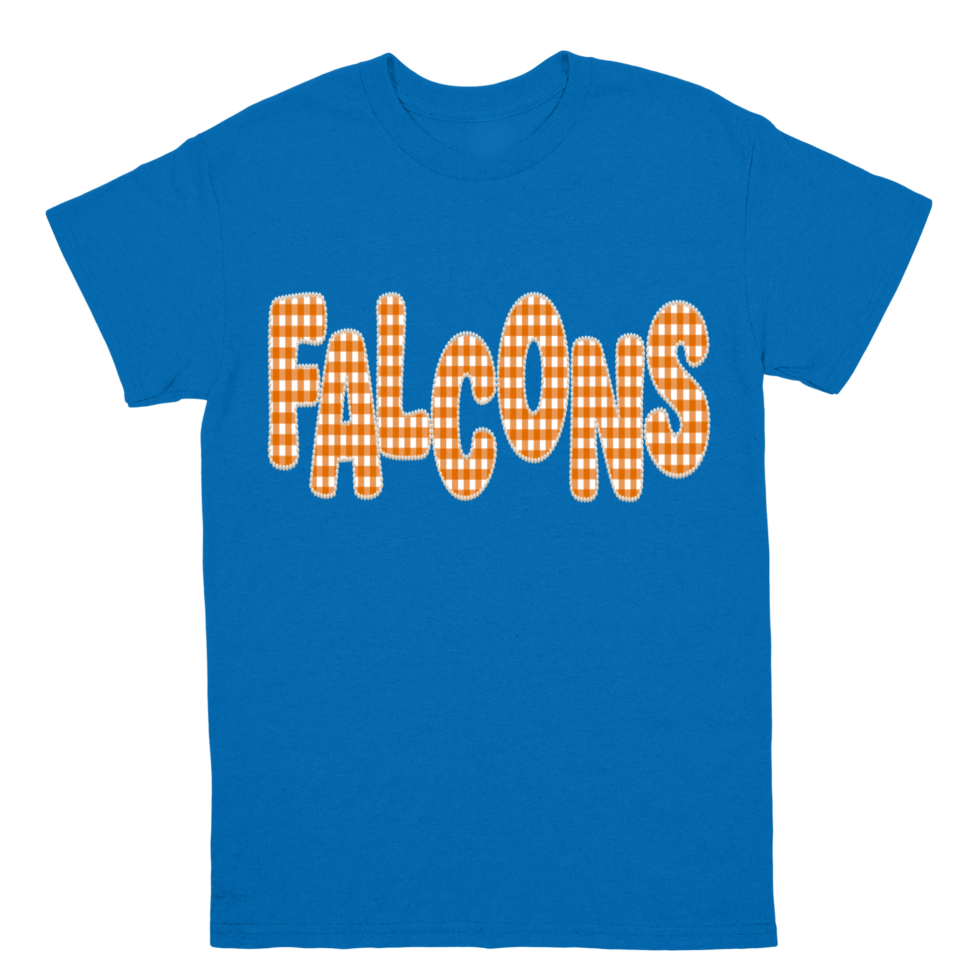 A royal blue short-sleeve crewneck t-shirt featuring the word 'FALCONS' printed across the chest in a bold orange and white gingham checkered pattern, shown against a plain white background.