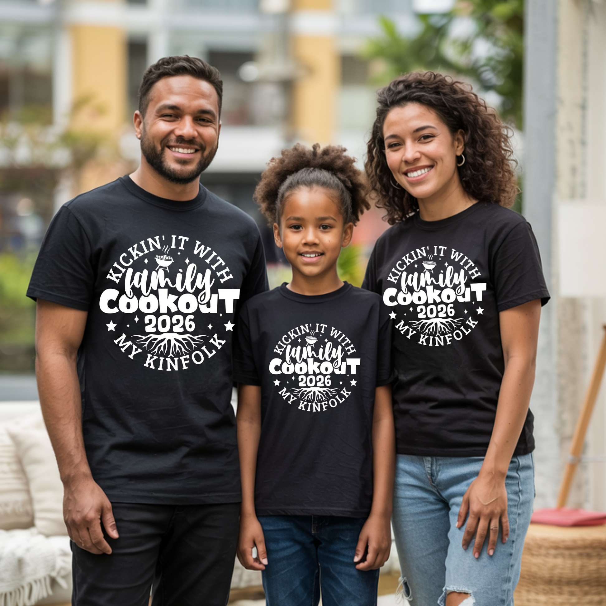 Family wearing matching black t-shirts with 'Cookout 2026' text.