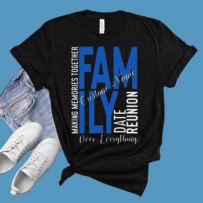 Black t-shirt with family reunion text design on a blue background with jeans and white sneakers.