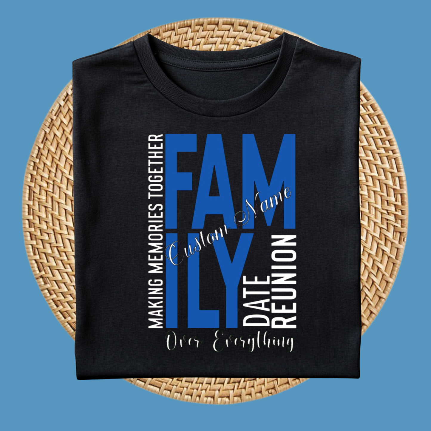 Black t-shirt with blue and white text on a woven surface