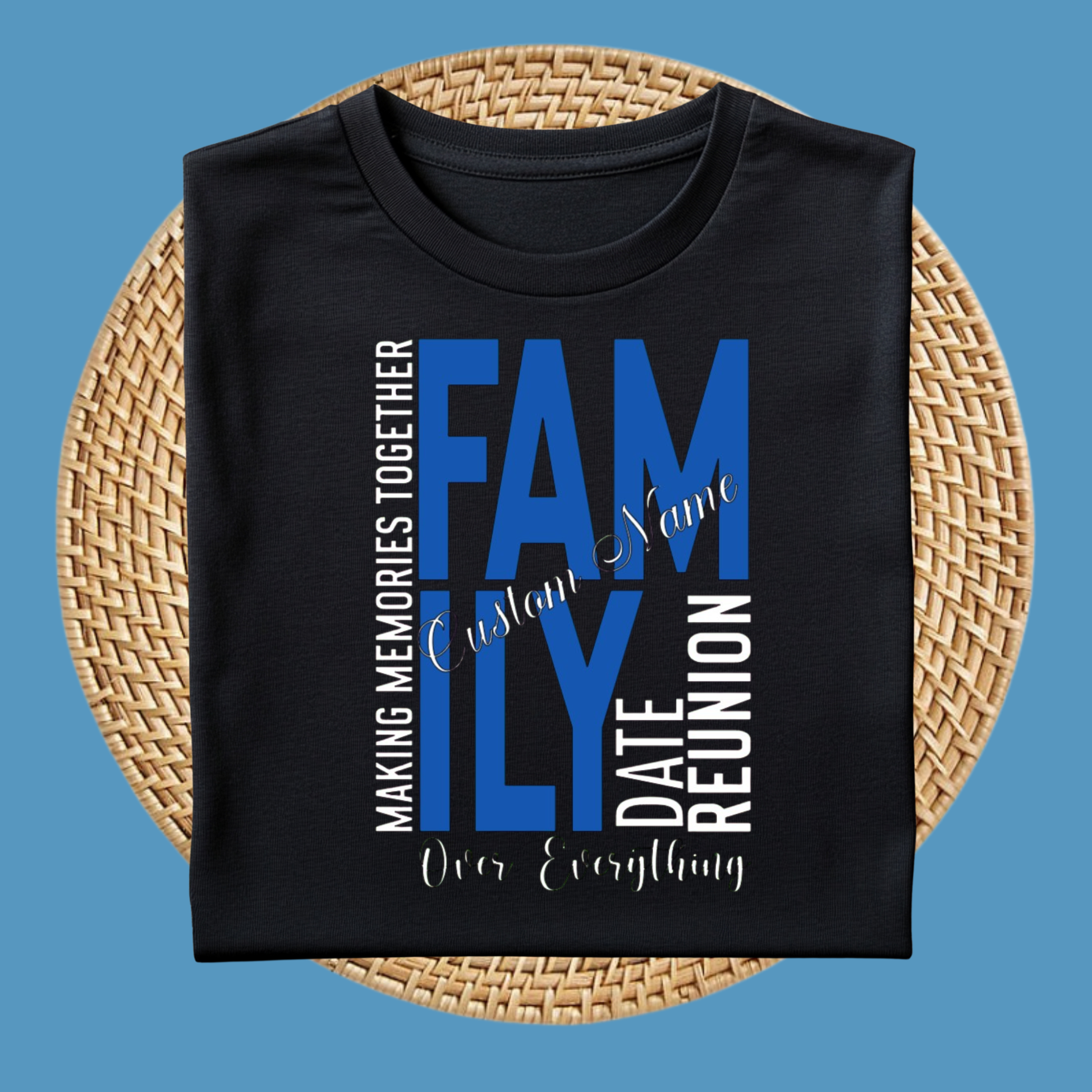Black t-shirt with blue and white text on a woven surface
