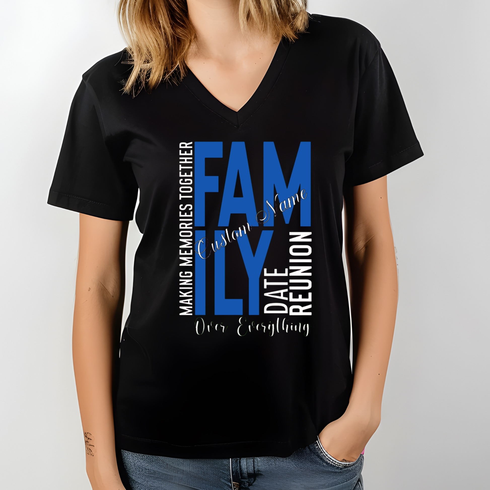 Black V-neck t-shirt with blue and white text on a plain background