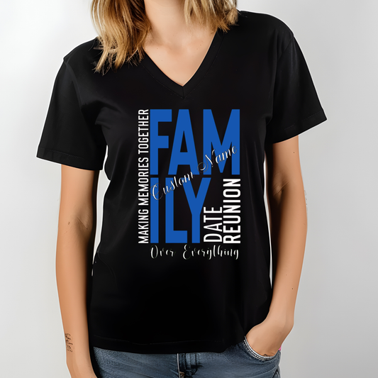 Black V-neck t-shirt with blue and white text on a plain background