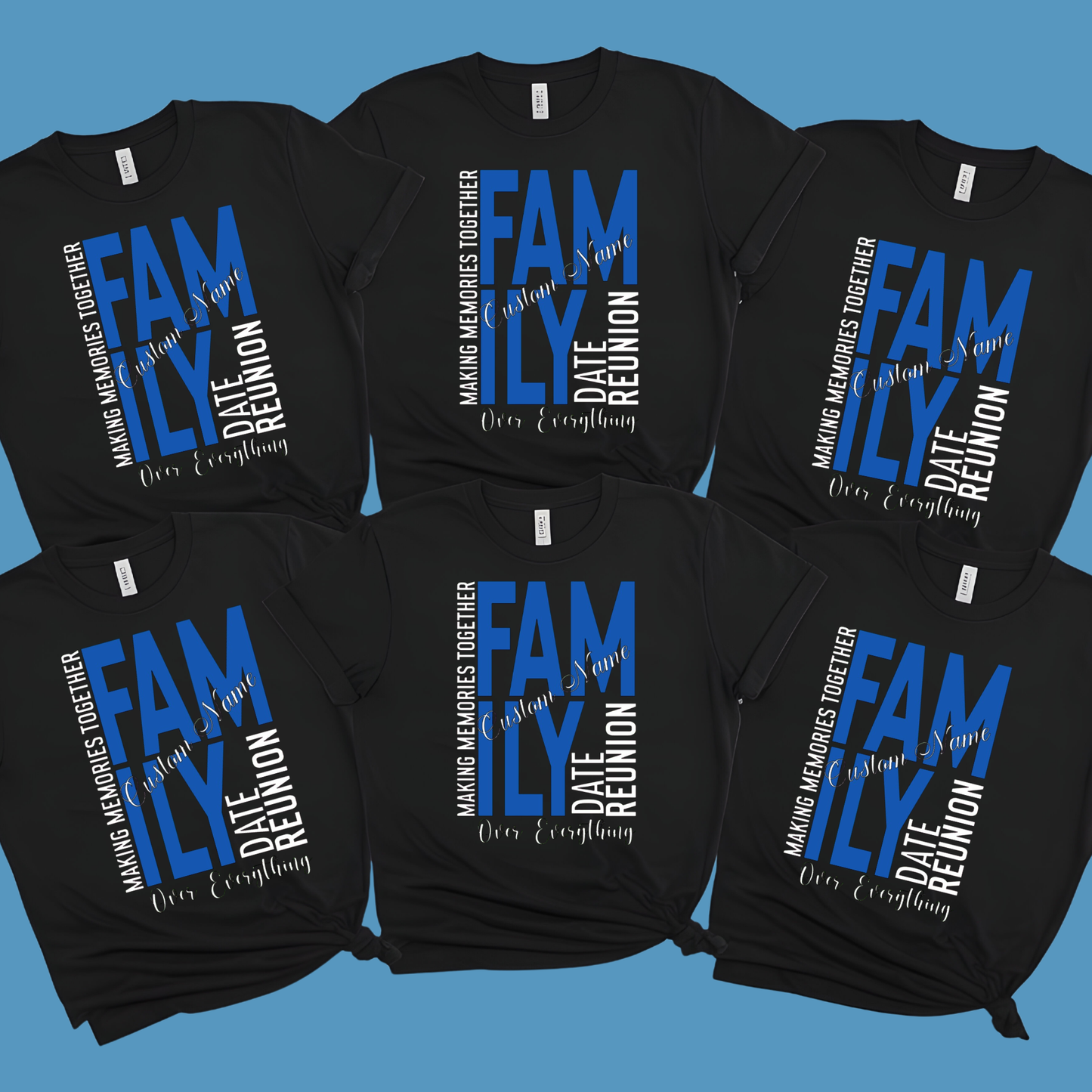 Black t-shirts with blue and white text on a blue background