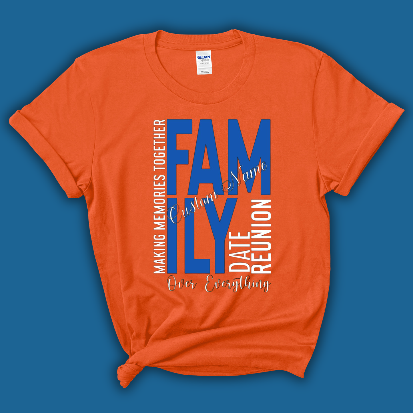Orange t-shirt with blue and white text on a blue background