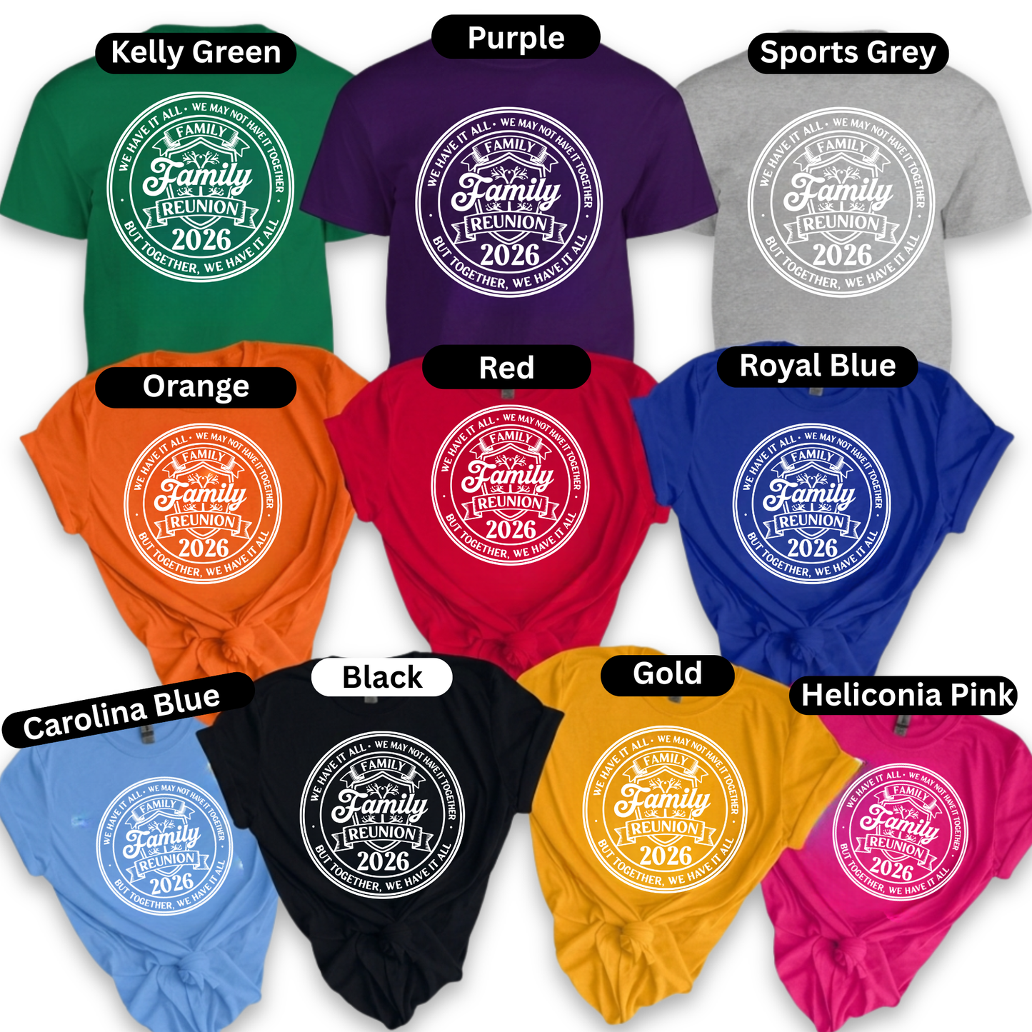 Collection of t-shirts in various colors with a family reunion design and year printed on them.