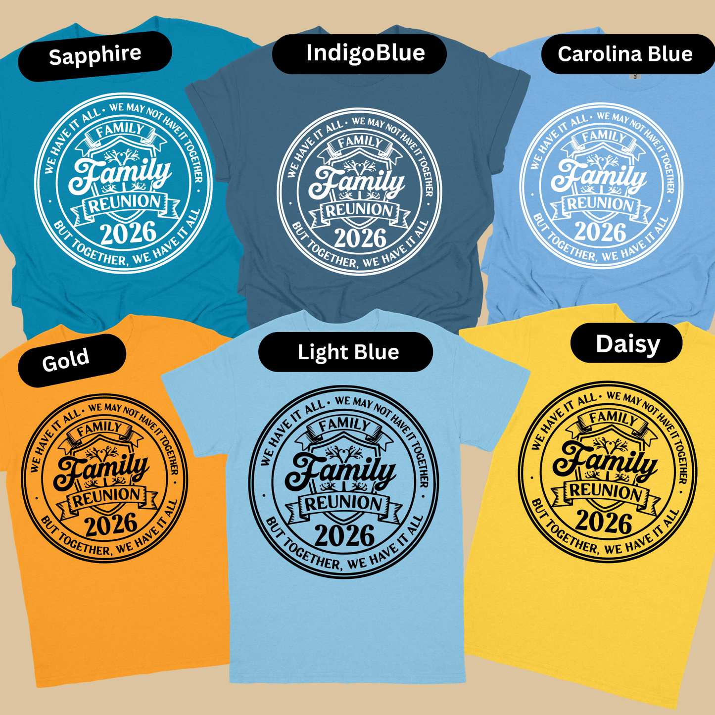 Collection of family reunion t-shirts in various colors with text and design.