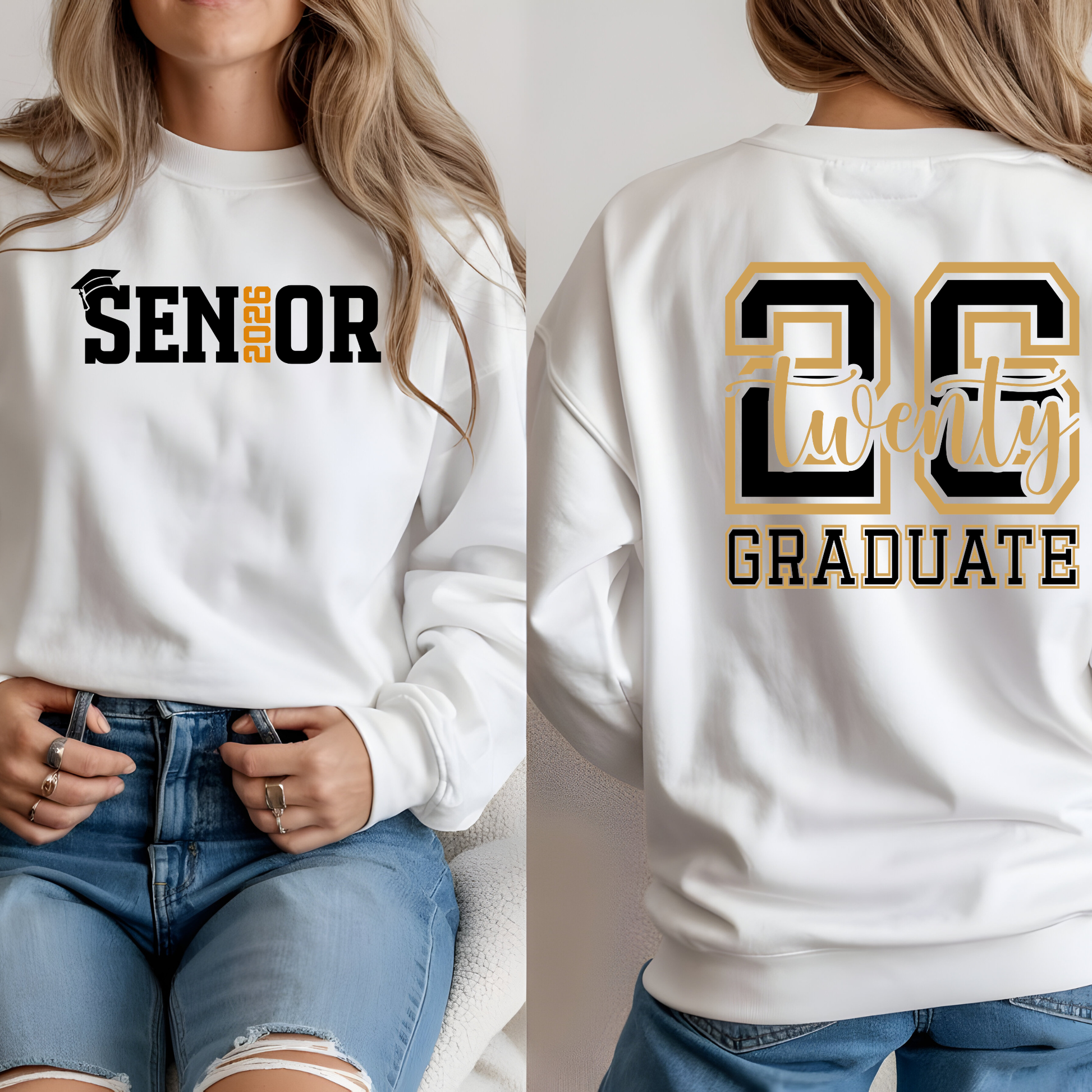 White sweatshirt with 'Senior 2026' text on front and 'Graduate' text on back, worn by a person.