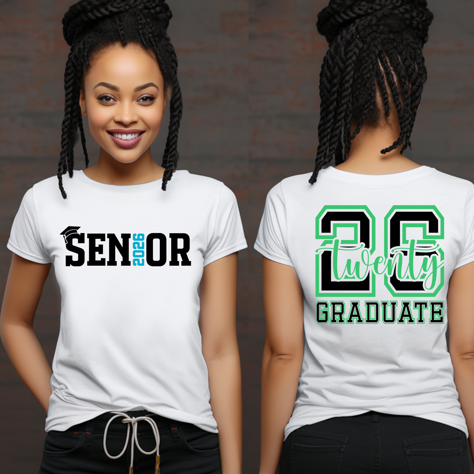 Two white t-shirts with 'Senior 2026' and '20 Graduate' text on a dark background