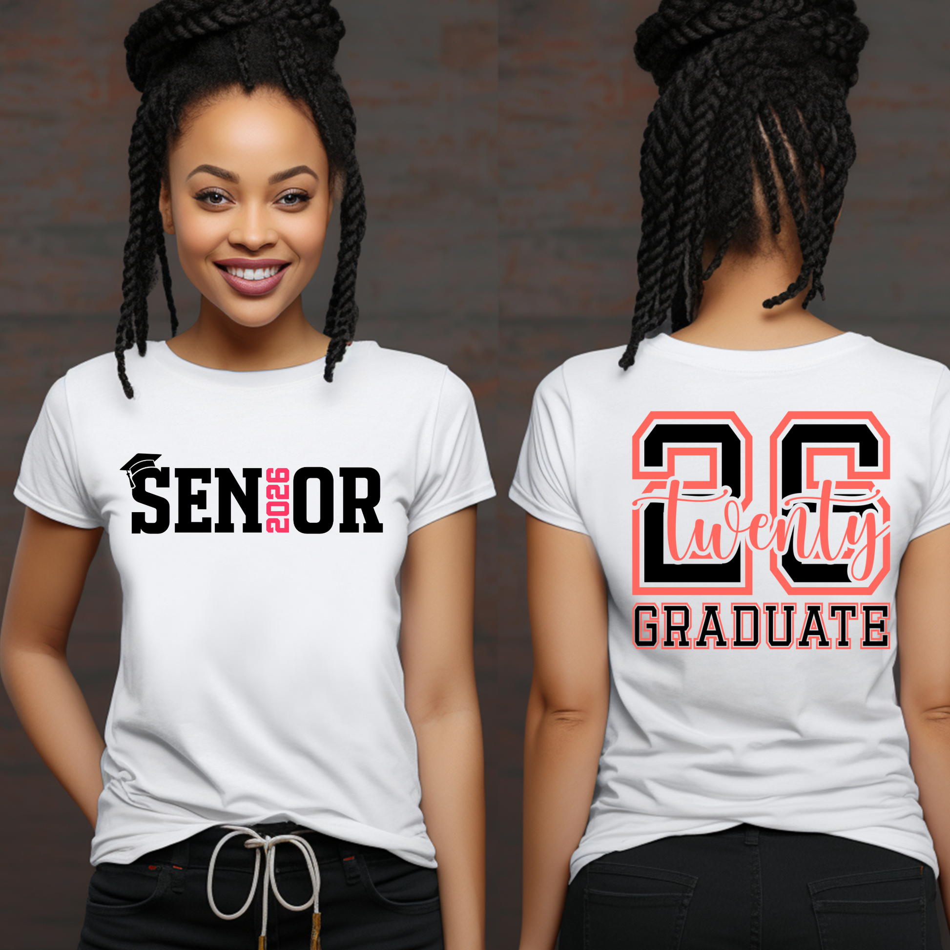 Two white t-shirts with 'Senior 2026' and '26 Graduate' text on a dark background.