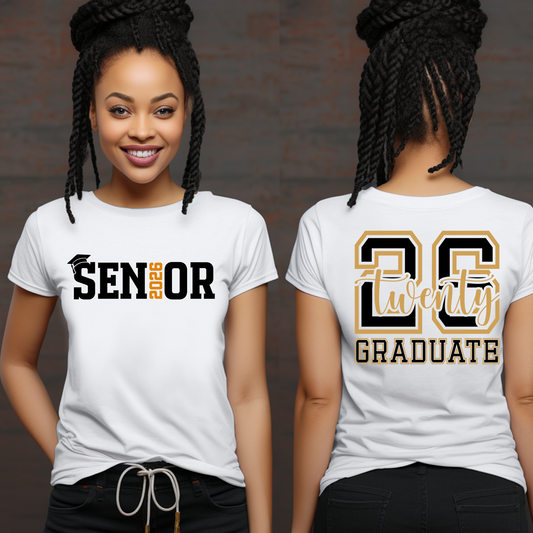 Two white t-shirts with 'Senior 2026' and '26 Graduate' text on a dark background.